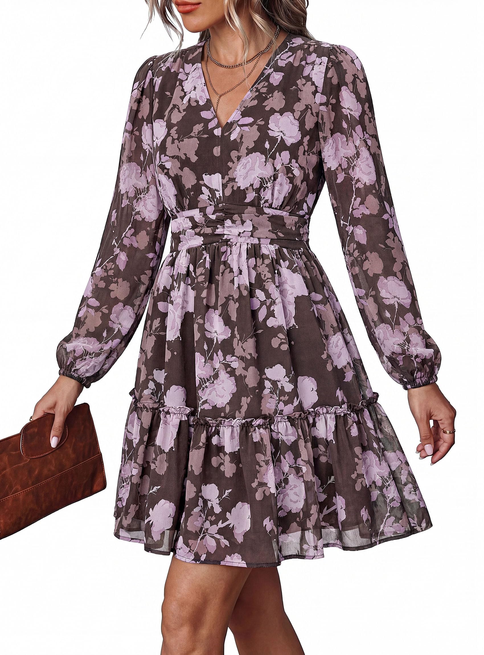 Women Floral Long Sleeve Mini Dress Fall Wedding Guest Dresses
