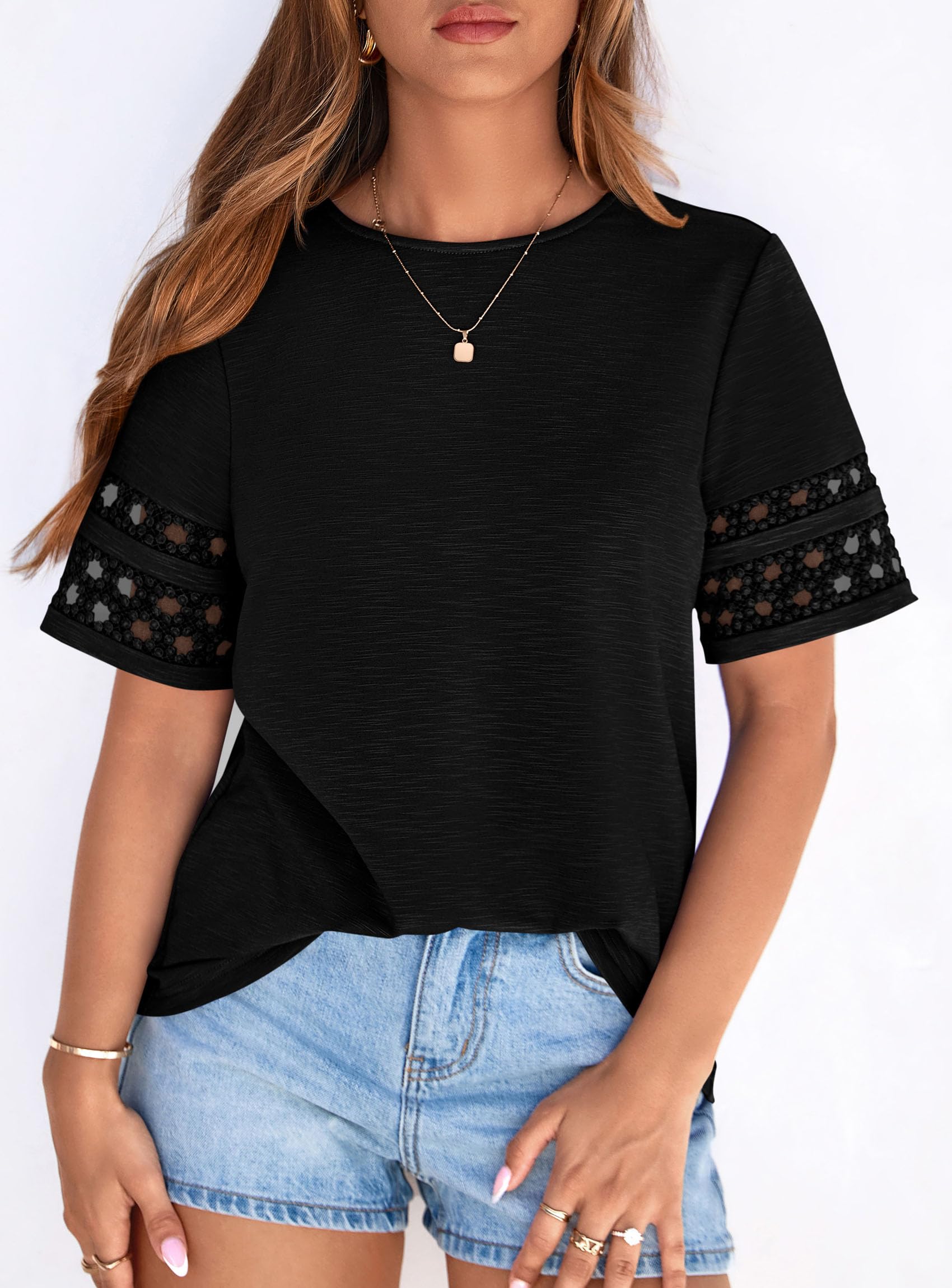 Women's Summer Short Sleeve Lace Trim T-Shirts,Black,S