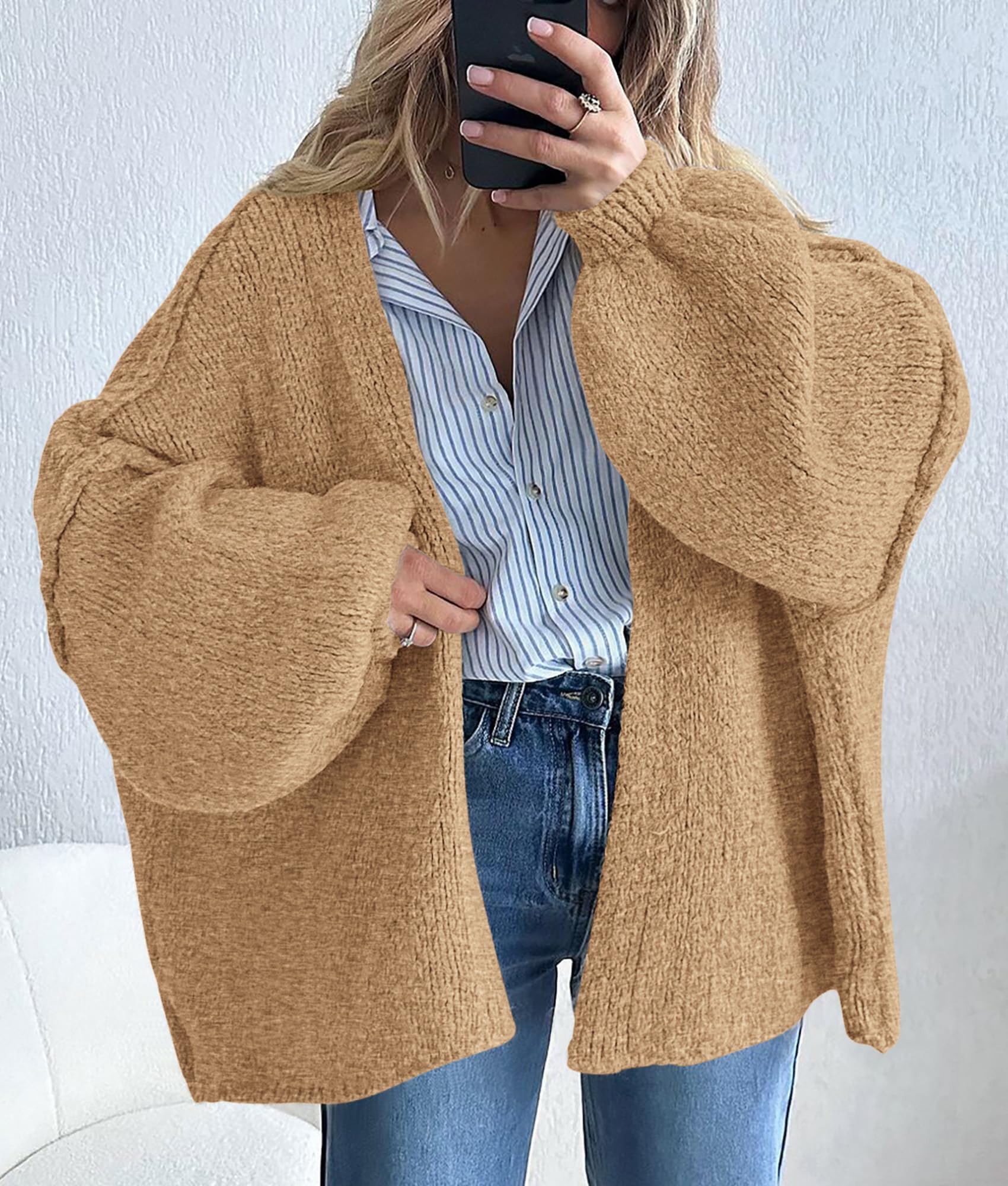 Womens Open Front Oversized Cardigan Sweaters,Camel,XS