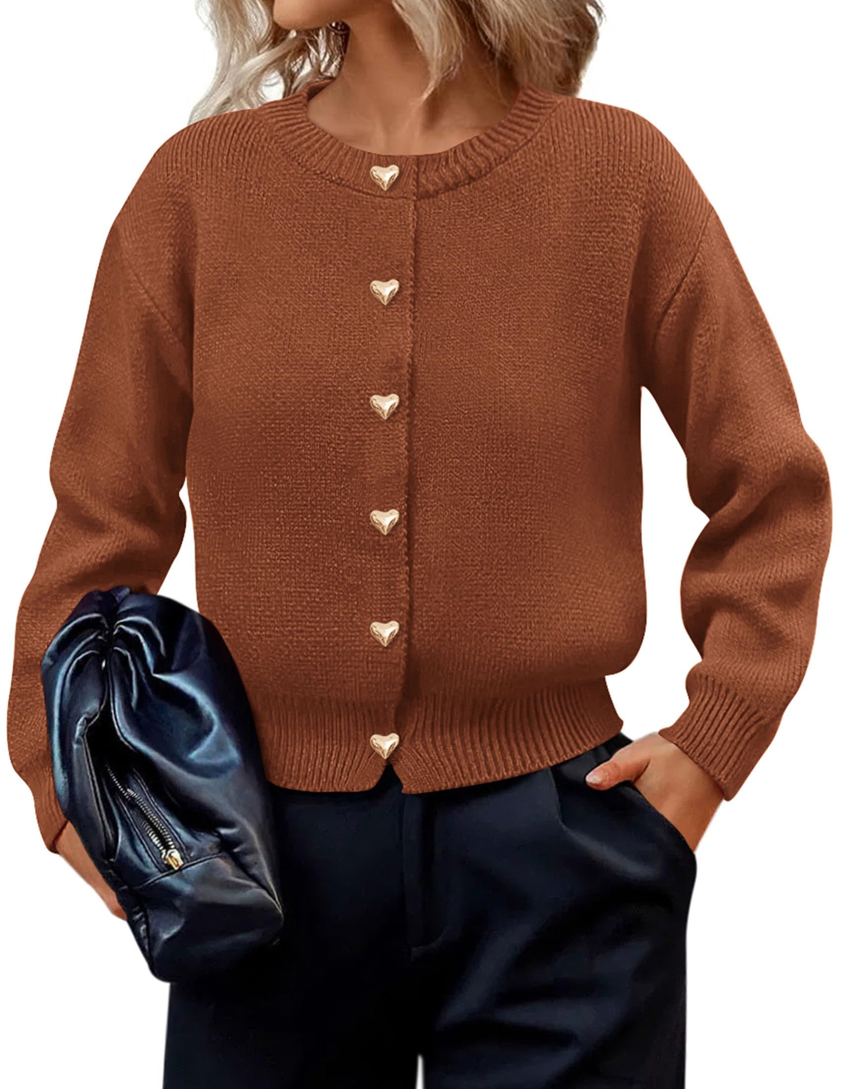 Women's Long Sleeve Button Up Cardigan,Red Brown,S