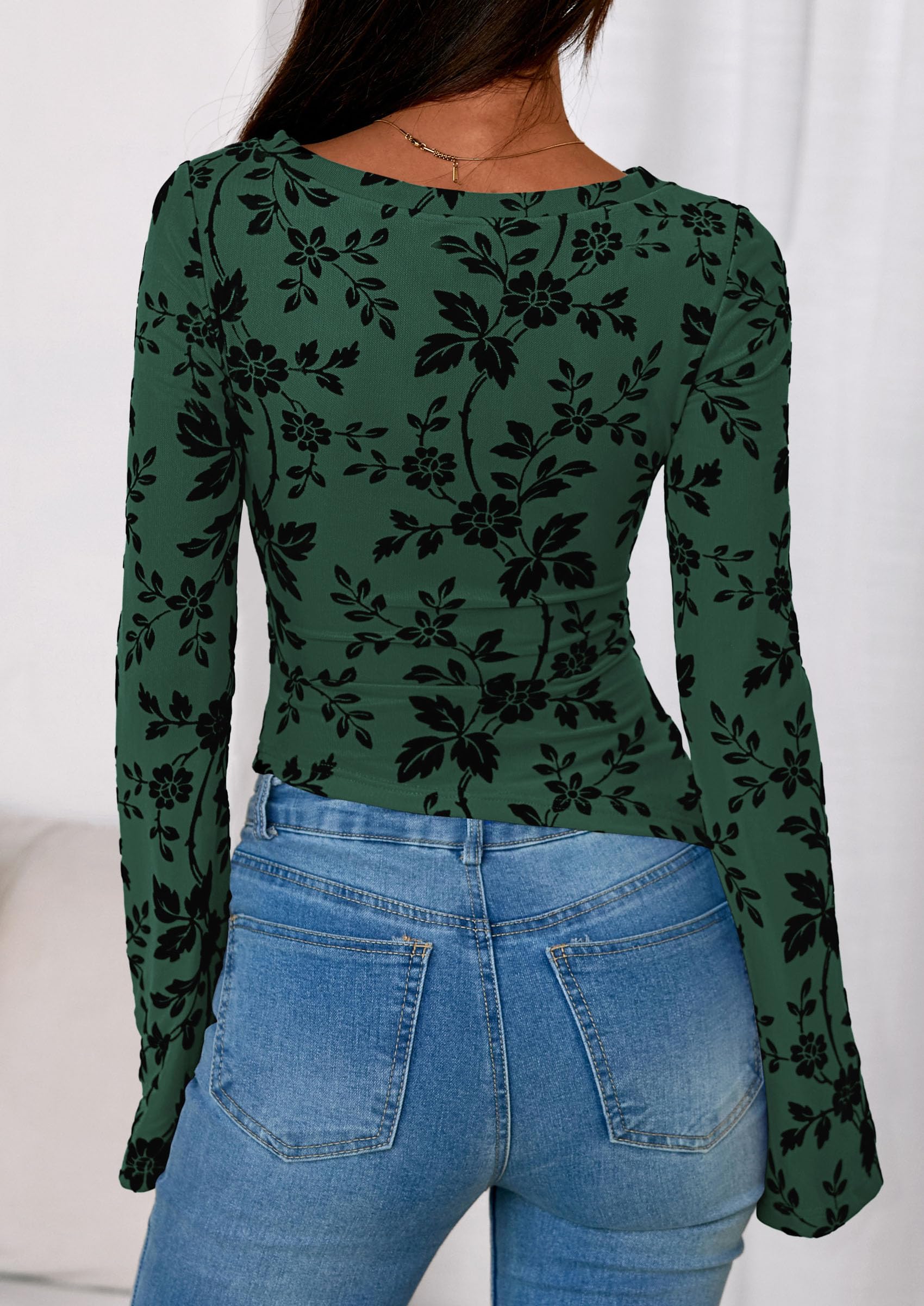 Women's Long Bell Sleeve Y2K Tops Boho Floral Mesh Blouses
