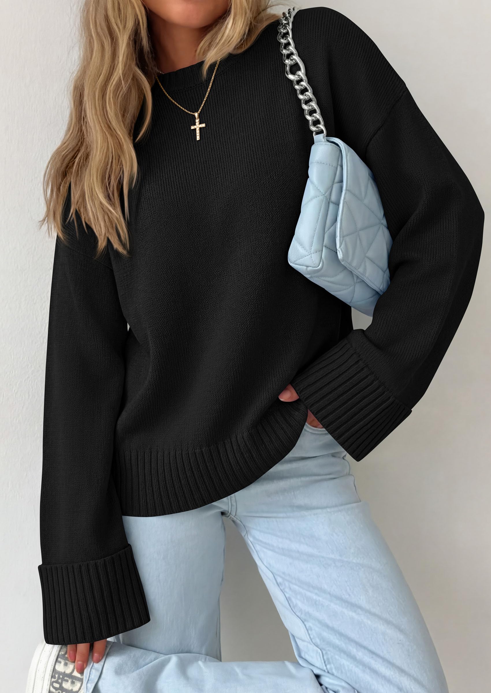 Oversized Sweater Women's Crewneck Long Sleeve Tops Black