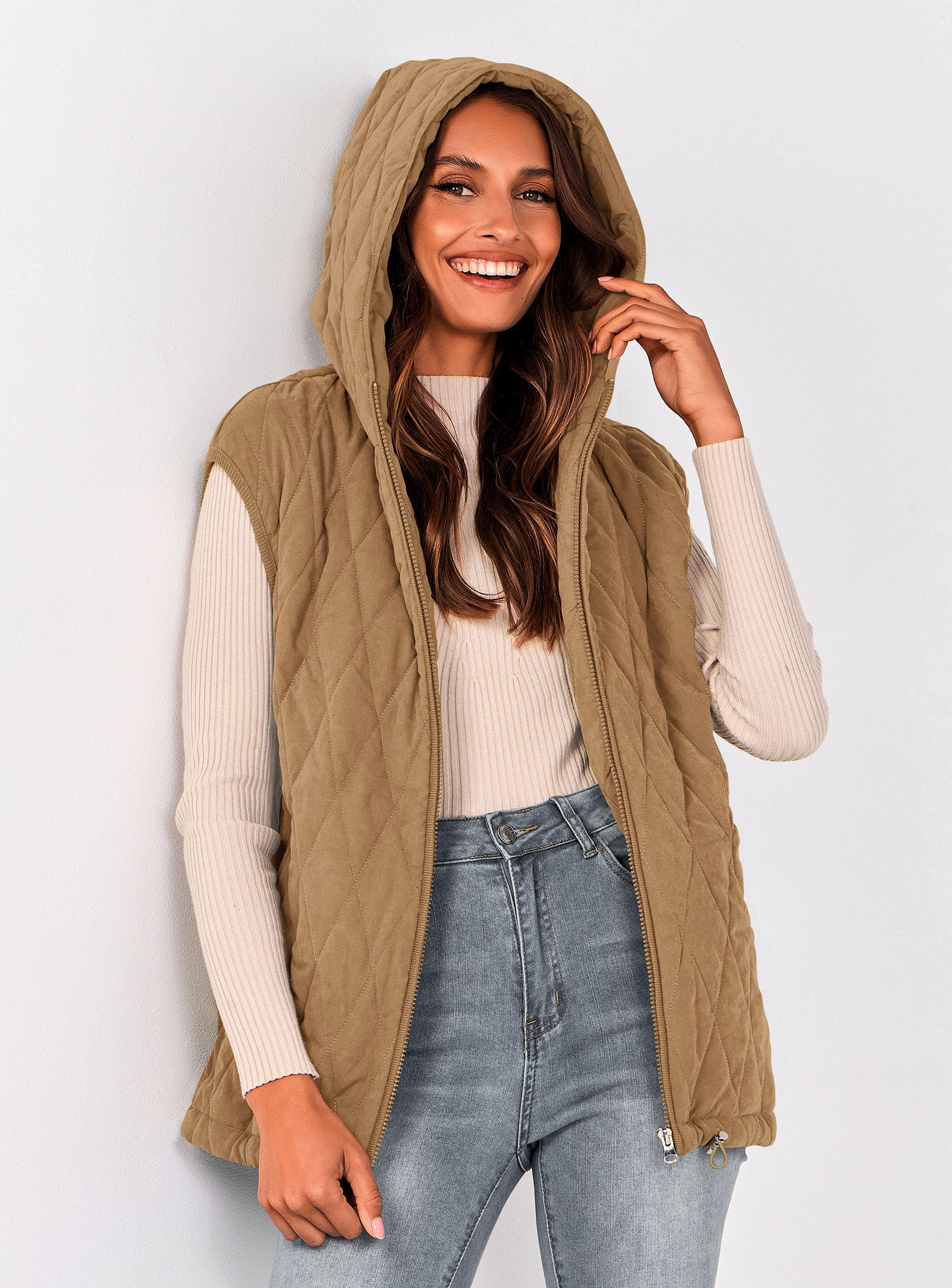 Women's Fall Fashion Vest Zip Up Jacket(Camel,Large)