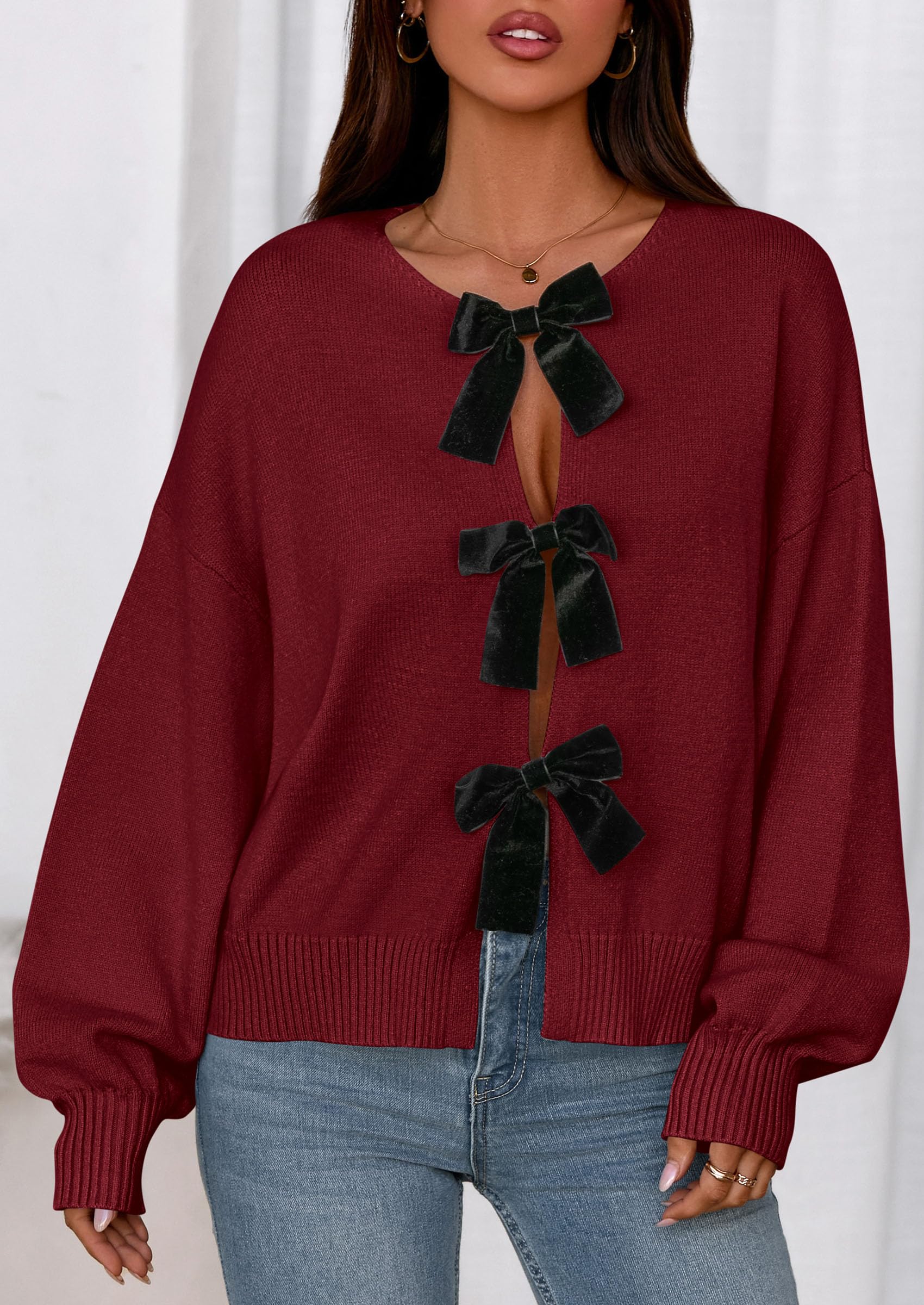 Women's Fall Bow Tie Front Cardigan Sweaters,Red,S