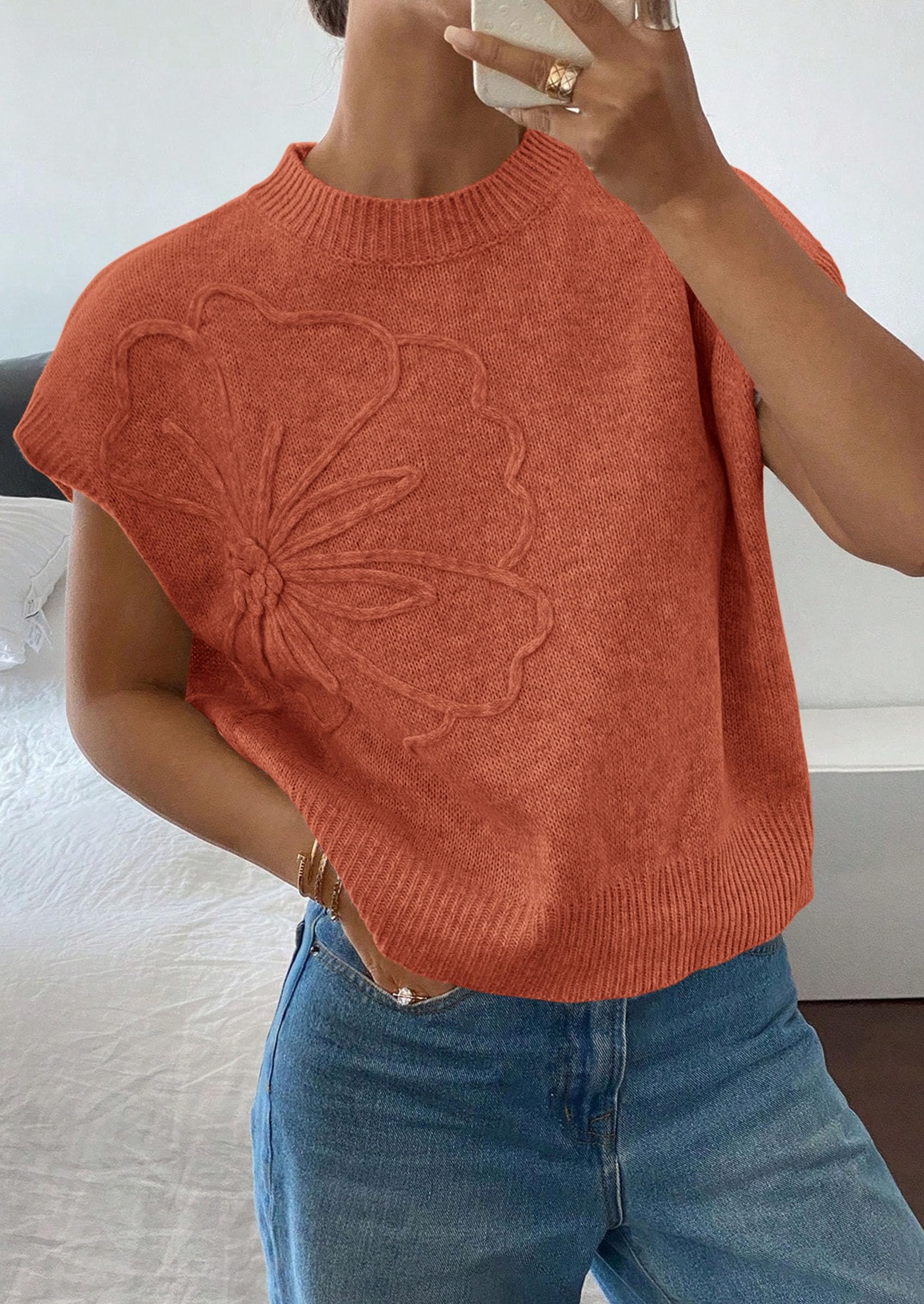 Women's Summer Short Cap Sleeve Sweater Vest (Burnt Orange,S)