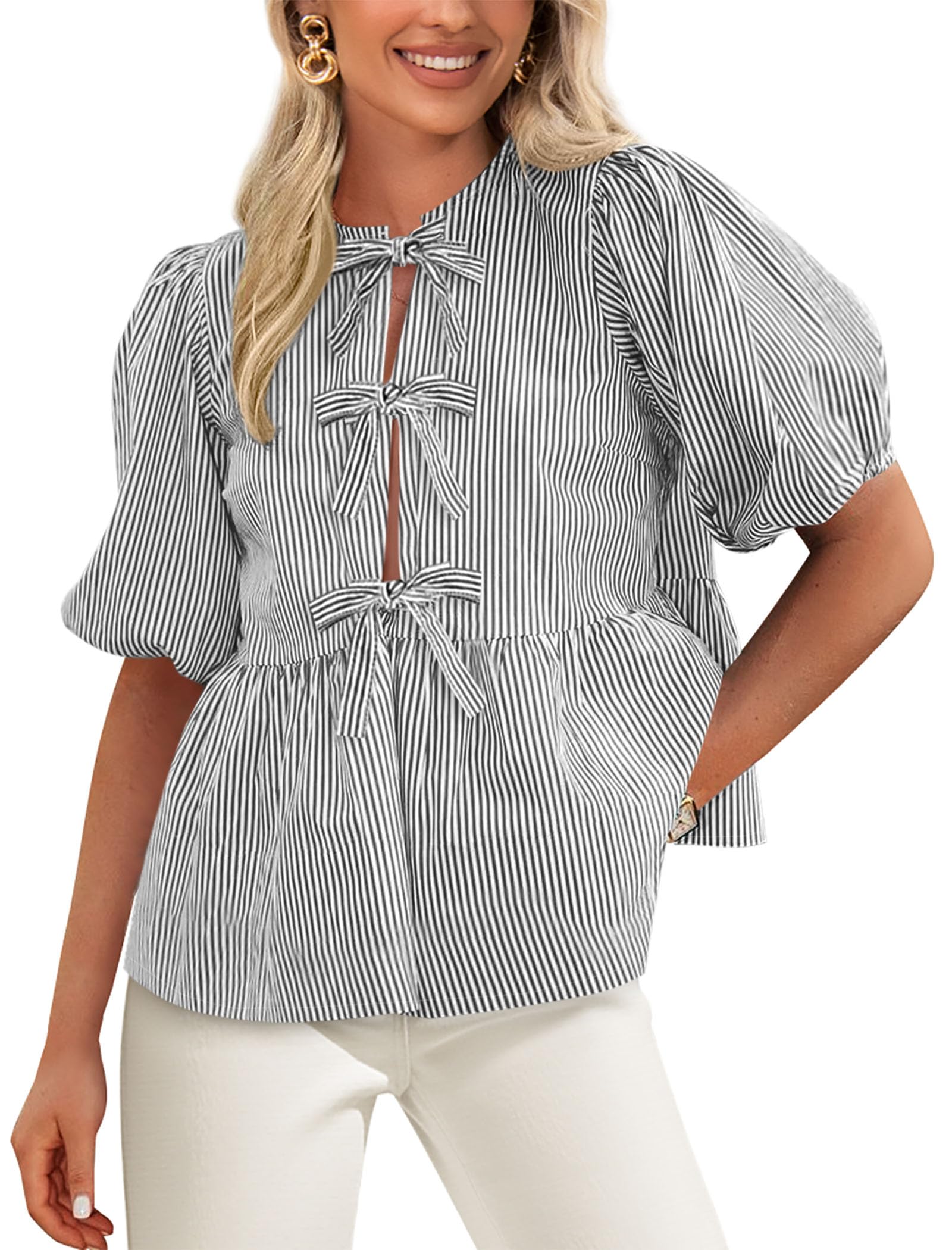 Women Striped Tie Front Babydoll Peplum Tops, Black,S