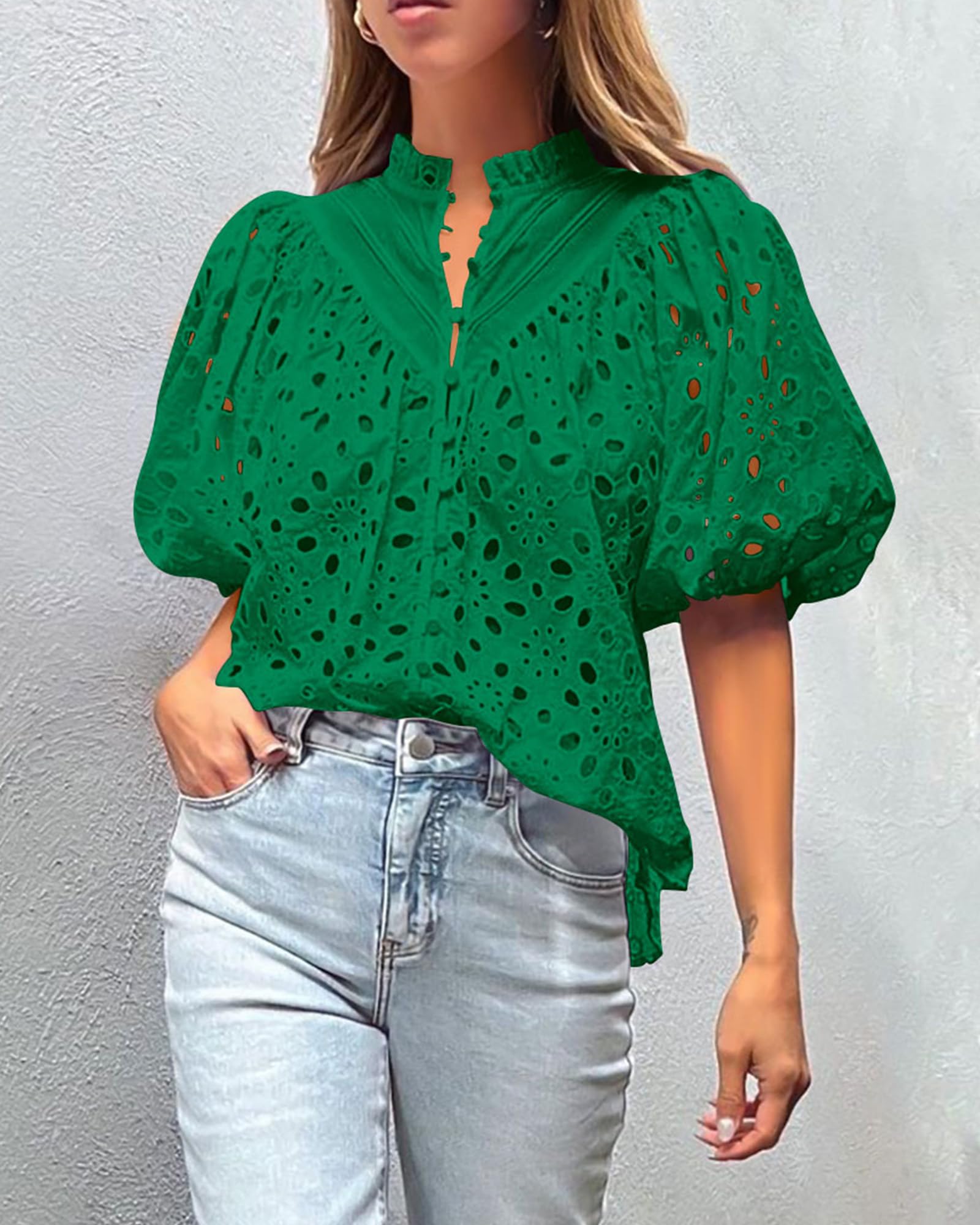 Womens Tops Boho Eyelet Puff Sleeve Blouse, Dark Green,S