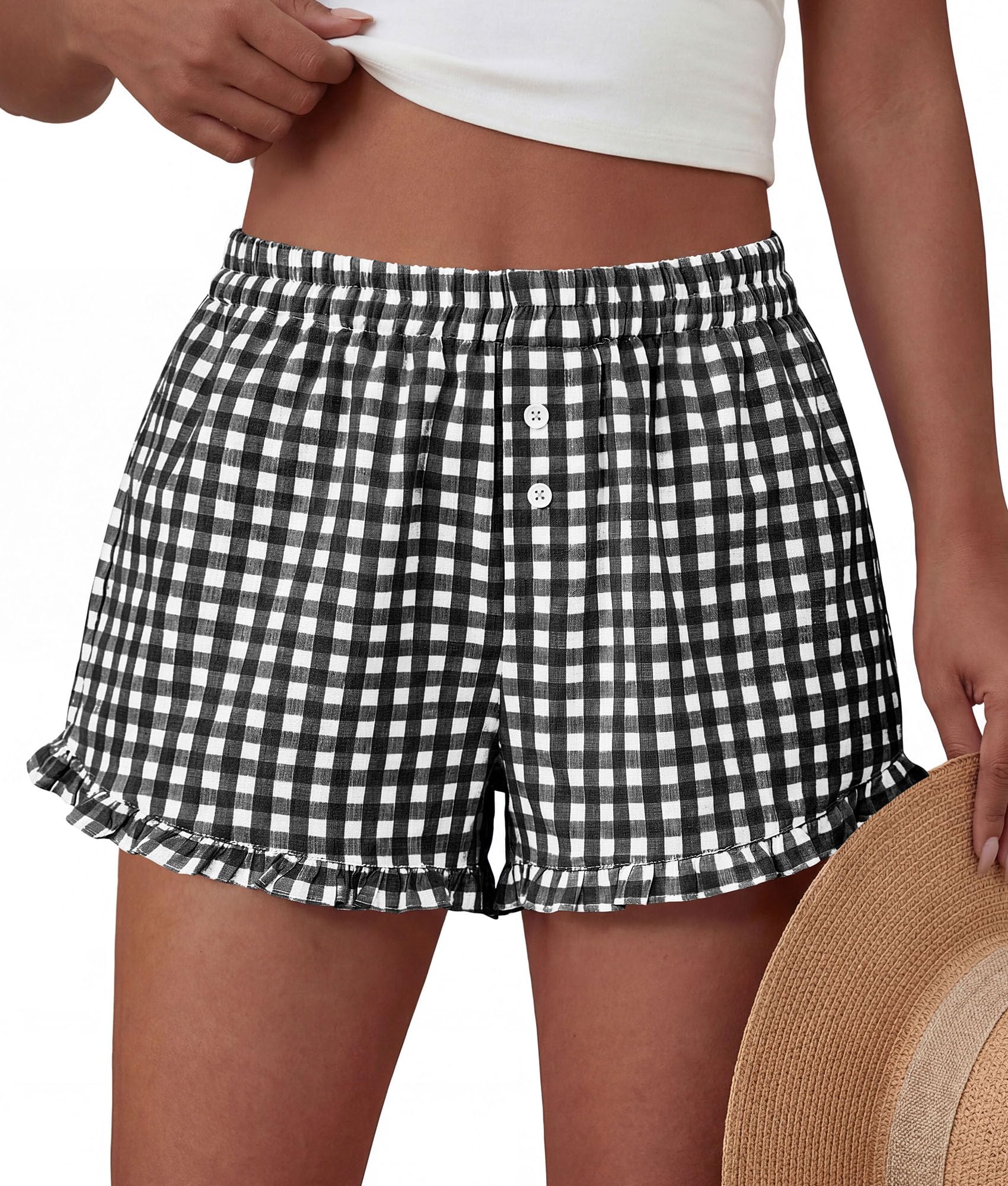 Womens Boxer Shorts Striped Gingham Ruffle Pajama Bottoms