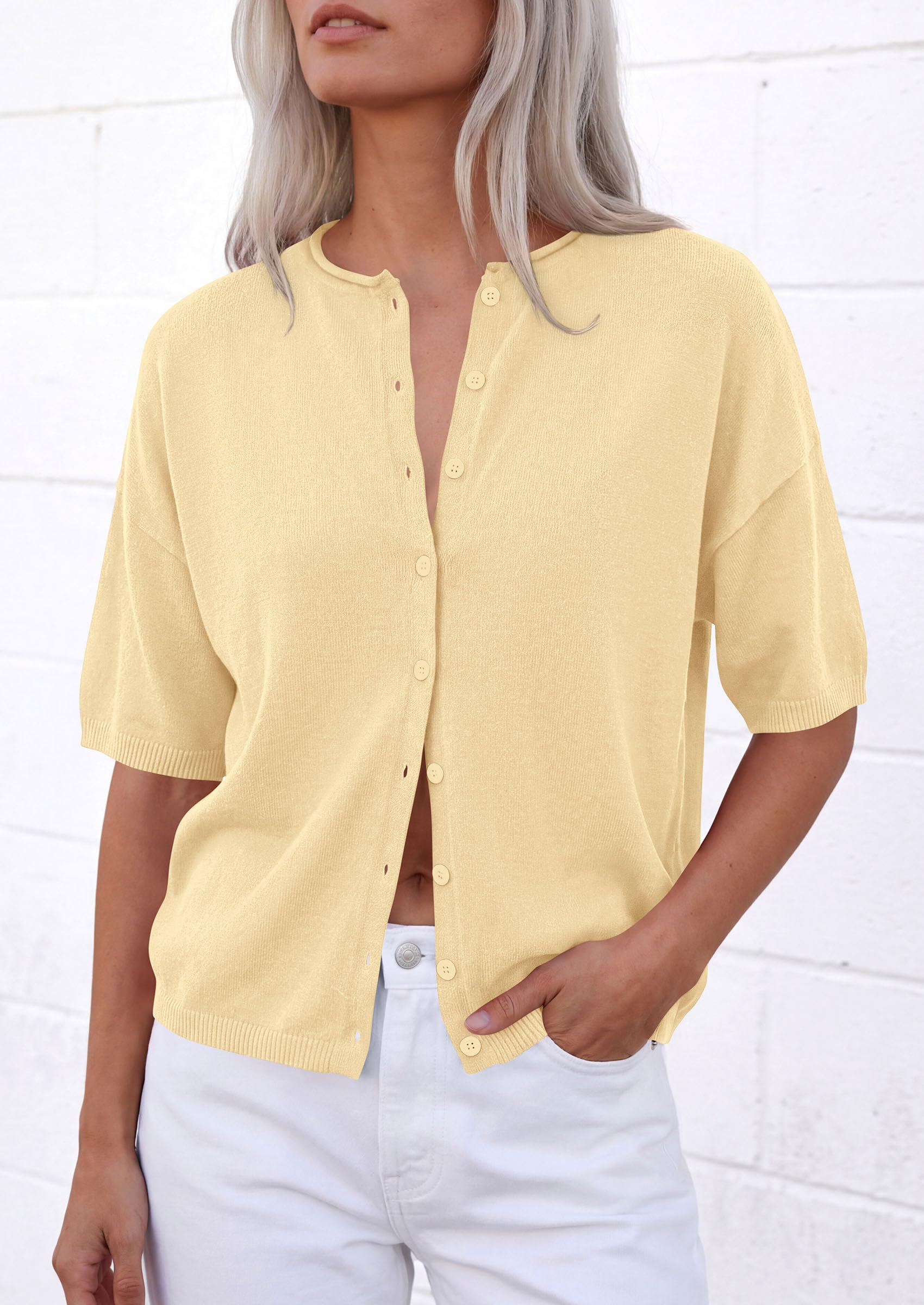 Women's Short Sleeve Cardigan Sweaters (Beige Yellow,Small)