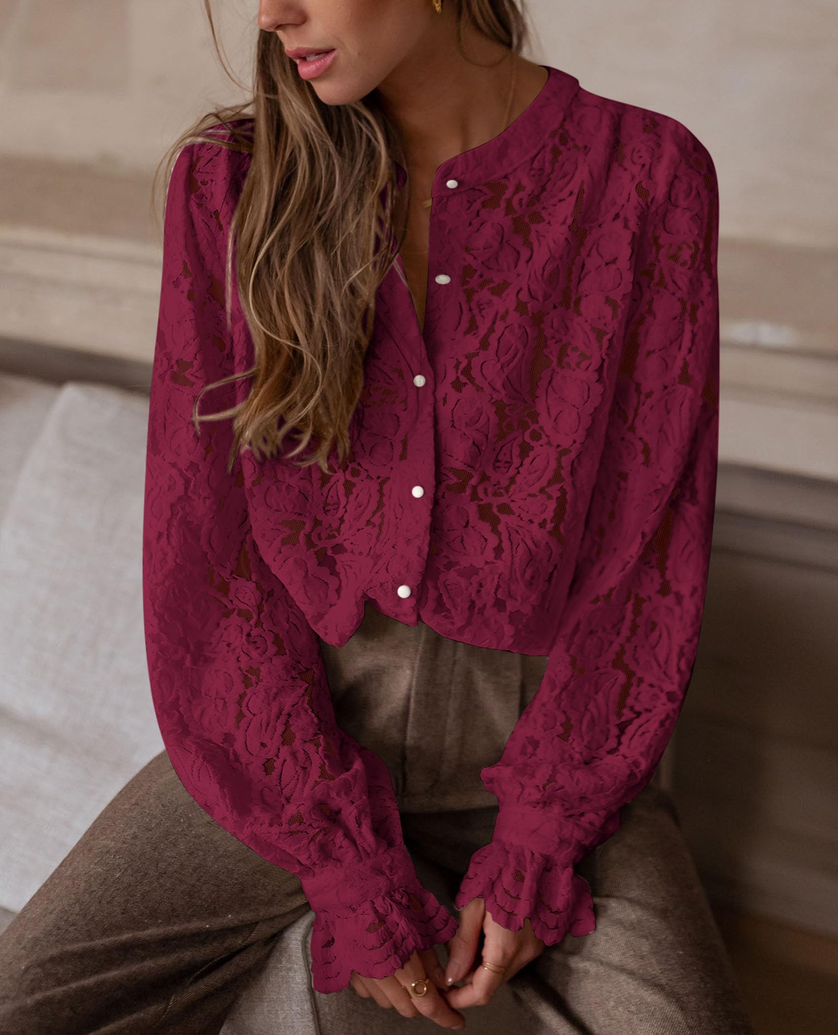 Women's Fall Trendy Long Sleeve Lace Tops(Wine Red,Small)