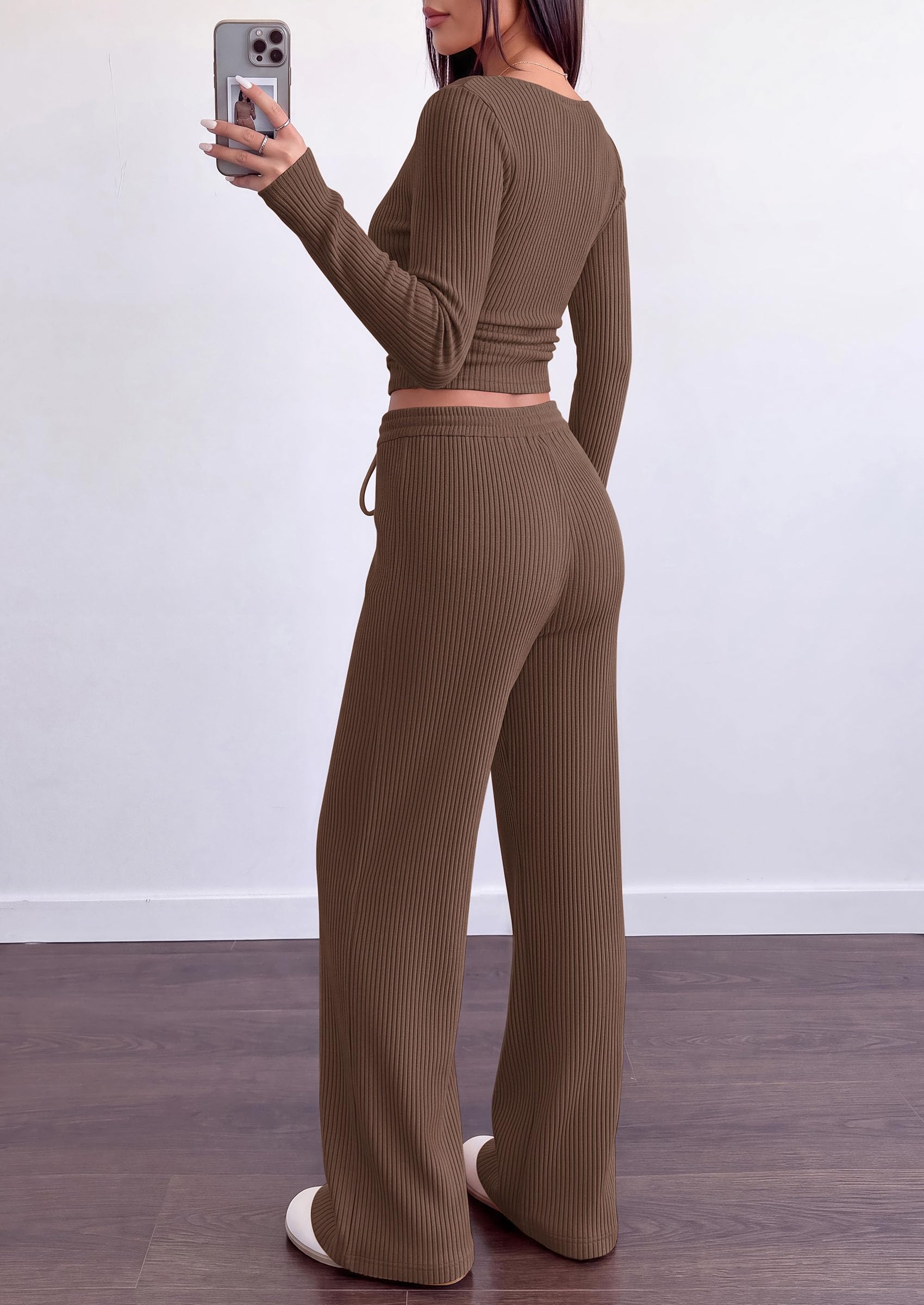 Matching Sets Women Clothing Fall Ribbed 2 Piece Lounge Set