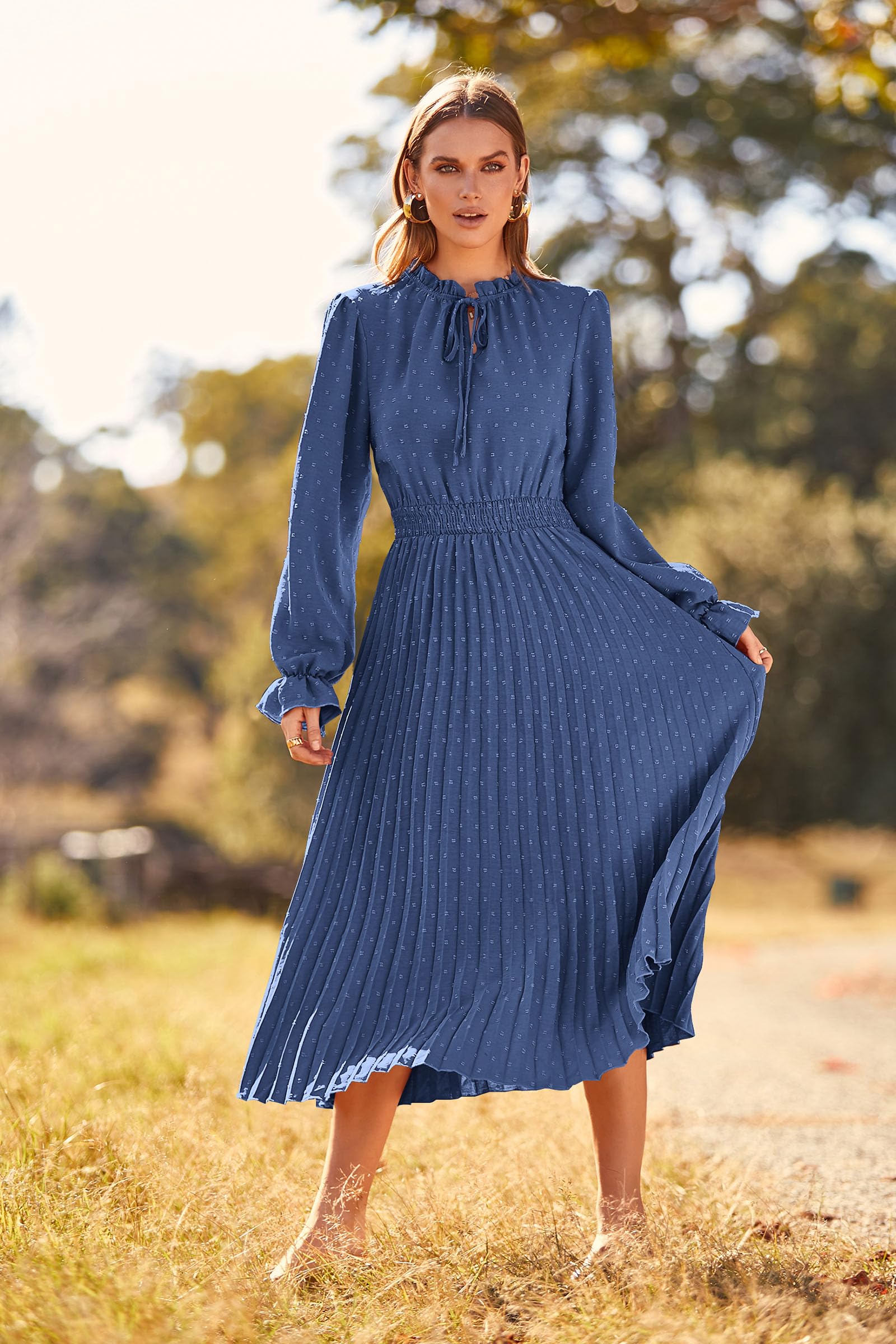 Women's Long Flowy Dress 2025 Spring Fall Long Sleeve Swiss Dot V Neck Midi Party Dresses (Grey Blue,Small)