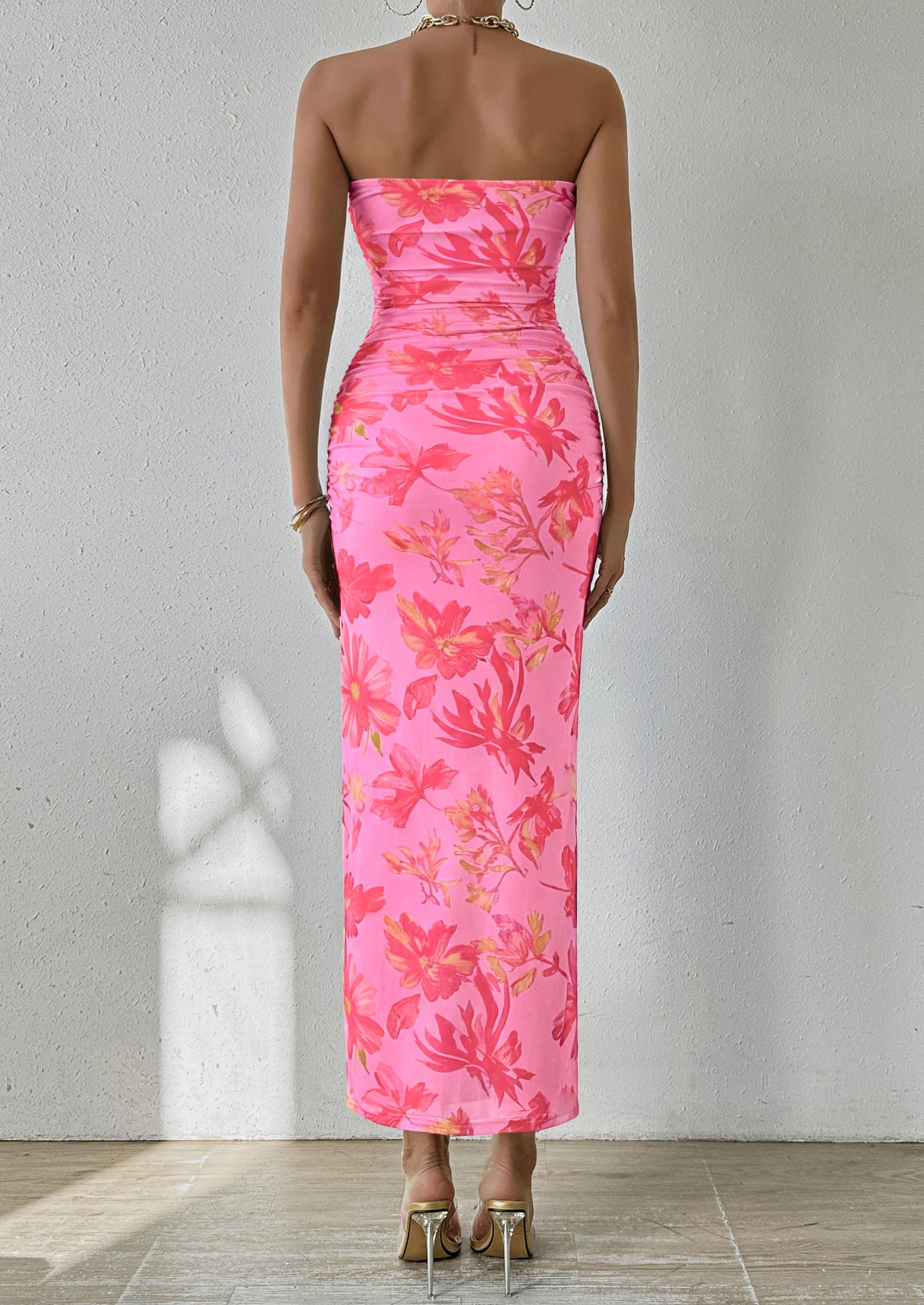 Womens Strapless Bodycon Maxi Dress, Pink Orange Floral,S