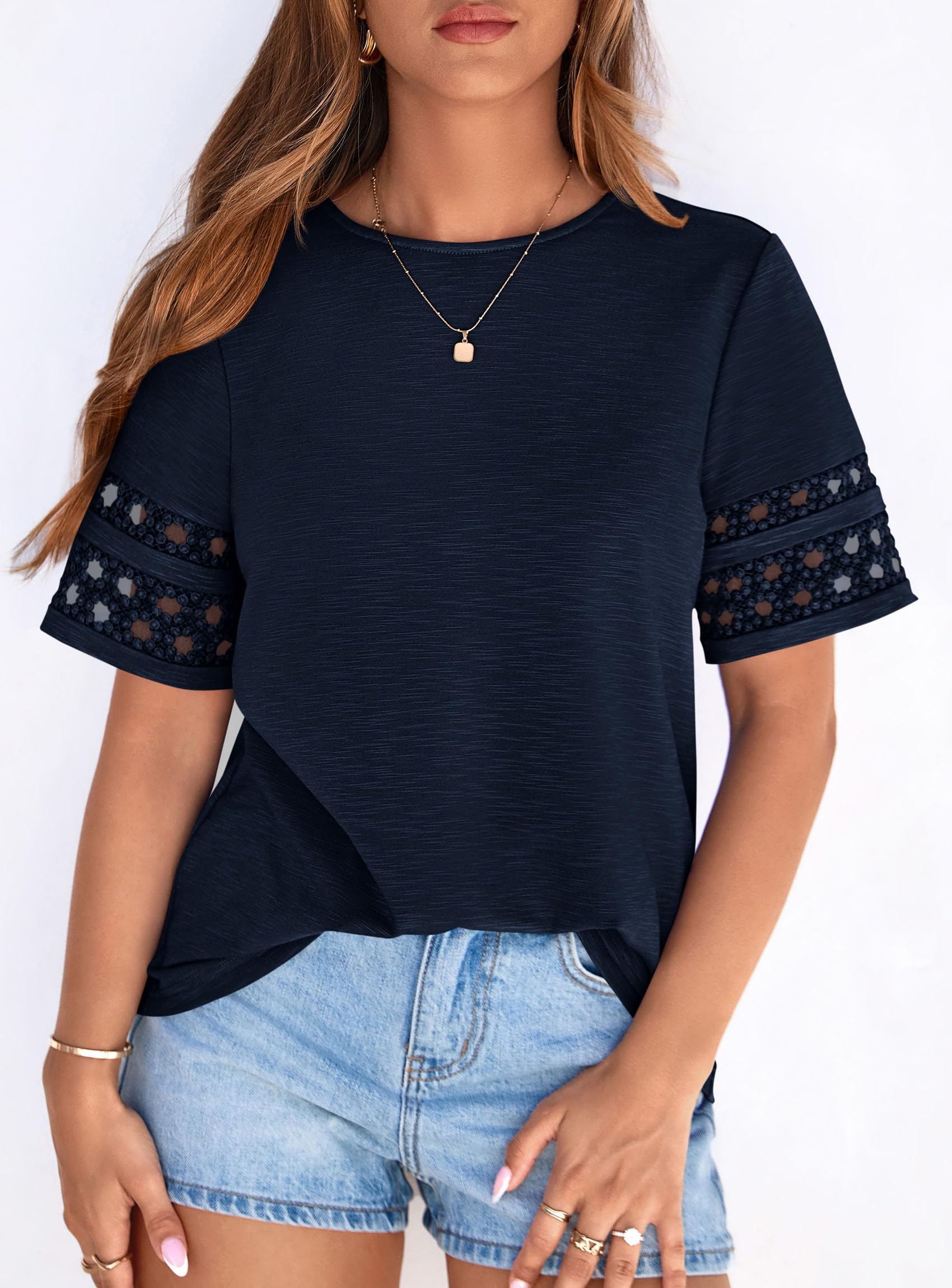 Women's Summer Short Sleeve Lace Trim T-Shirts,Navy Blue,S