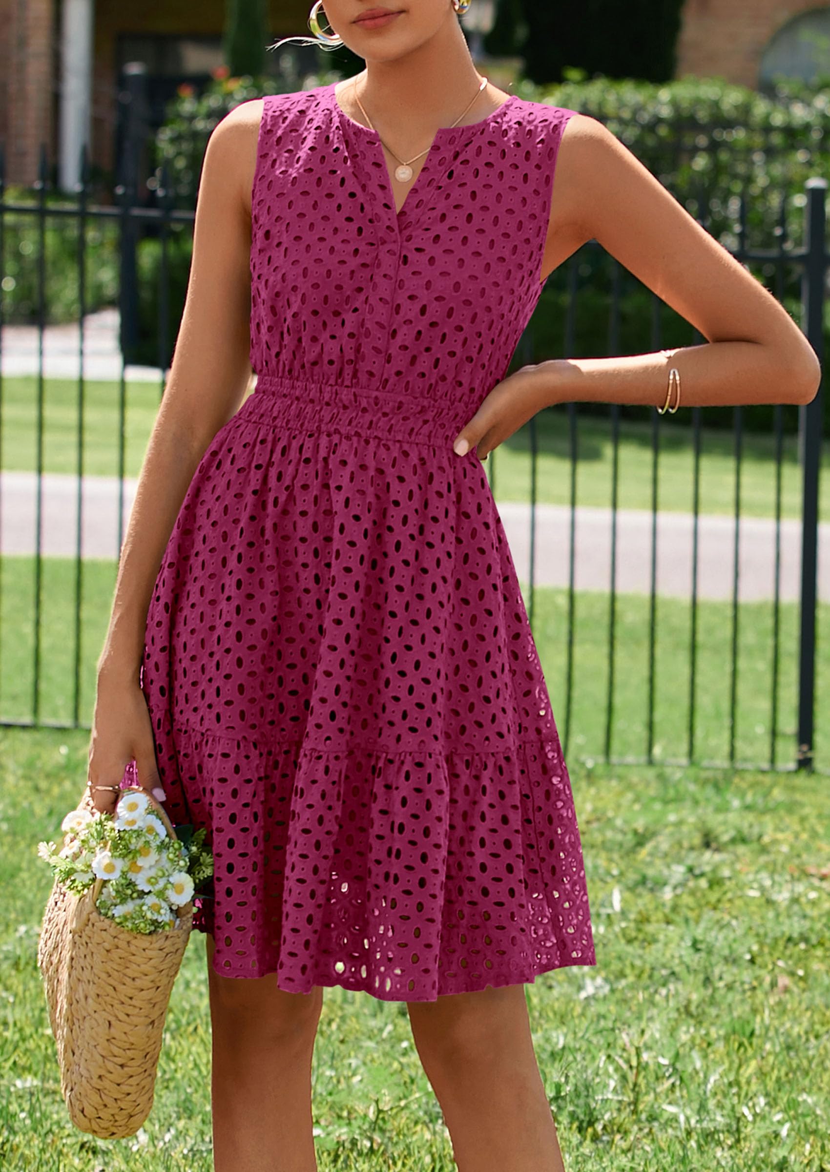 Women's Summer Eyelet A Line Short Dresses,Burgundy,S