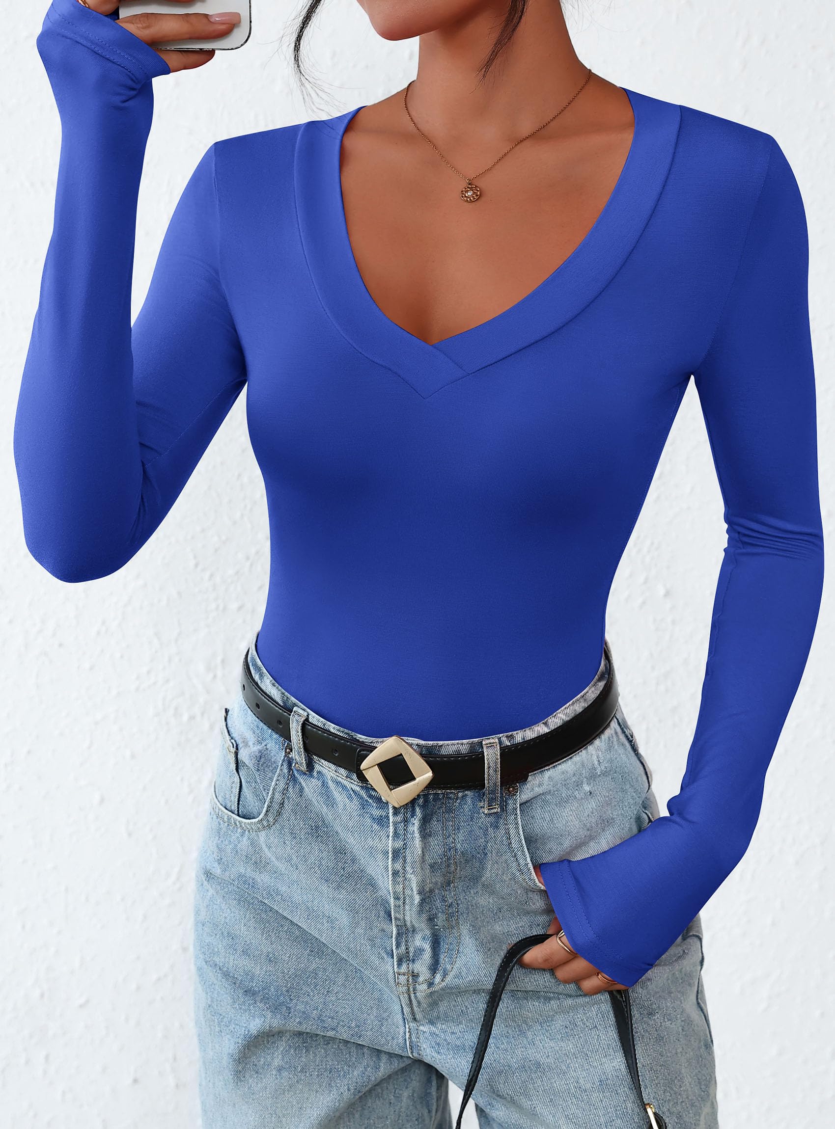 Women's V Neck Long Sleeve Shirts,Blue,X-S