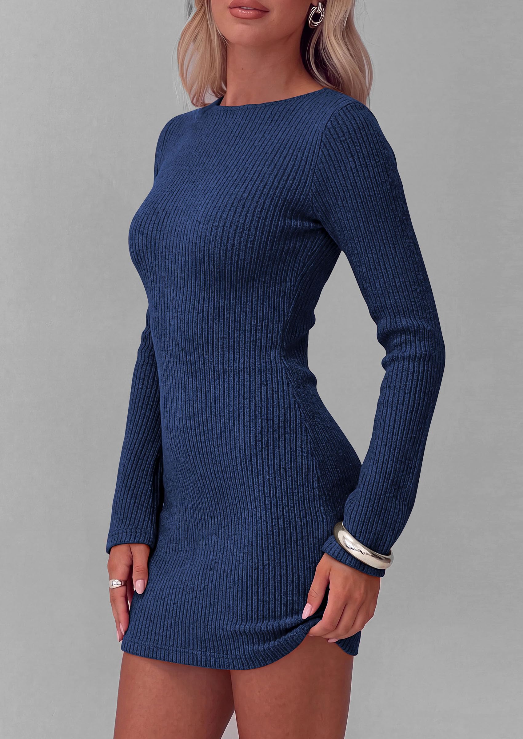 Womens Boat Neck Bell Long Sleeve Mini Sweater Dress Navy