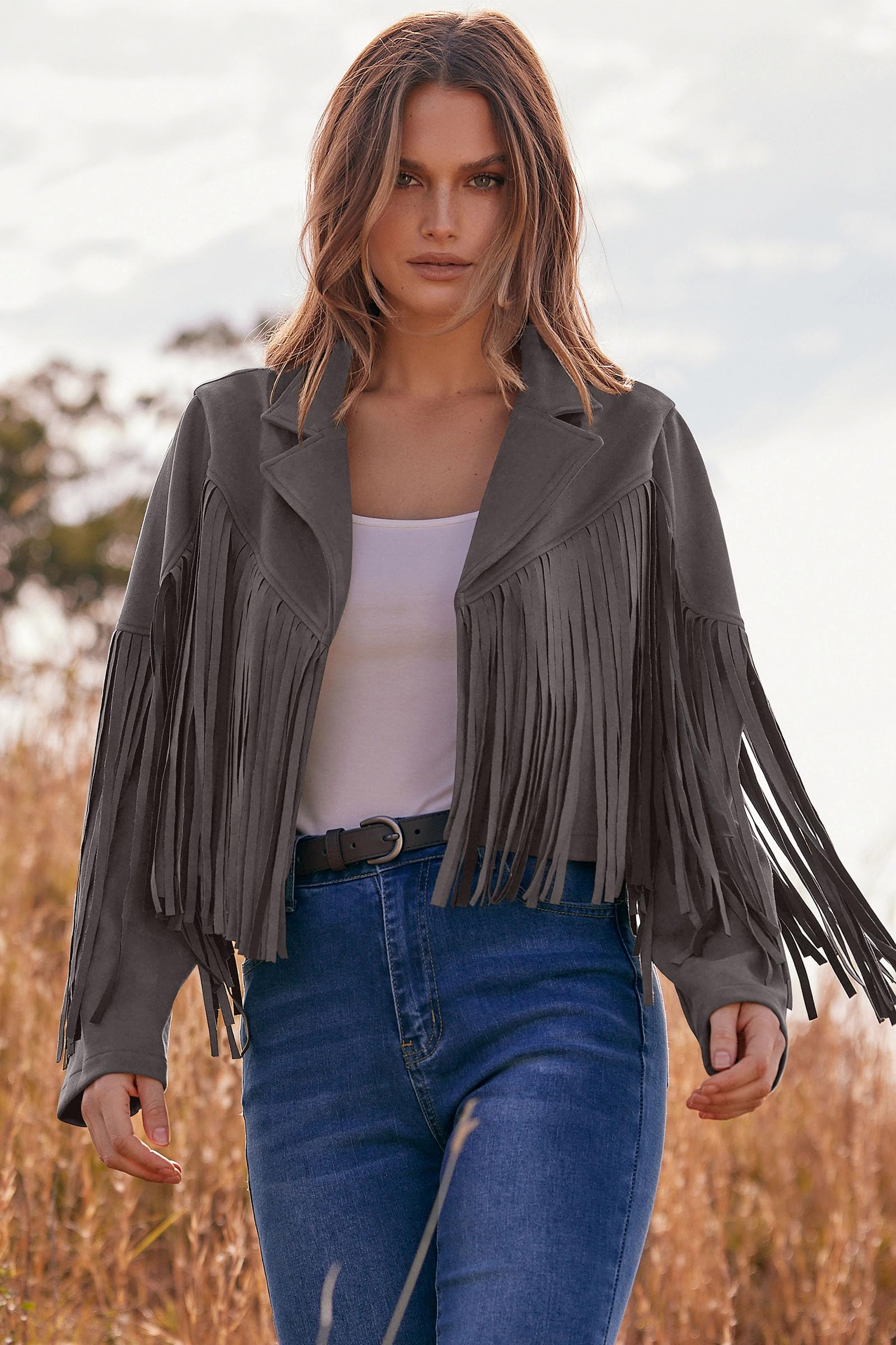 Women's Fringe Faux Suede Leather Jackets,Silver Grey,S