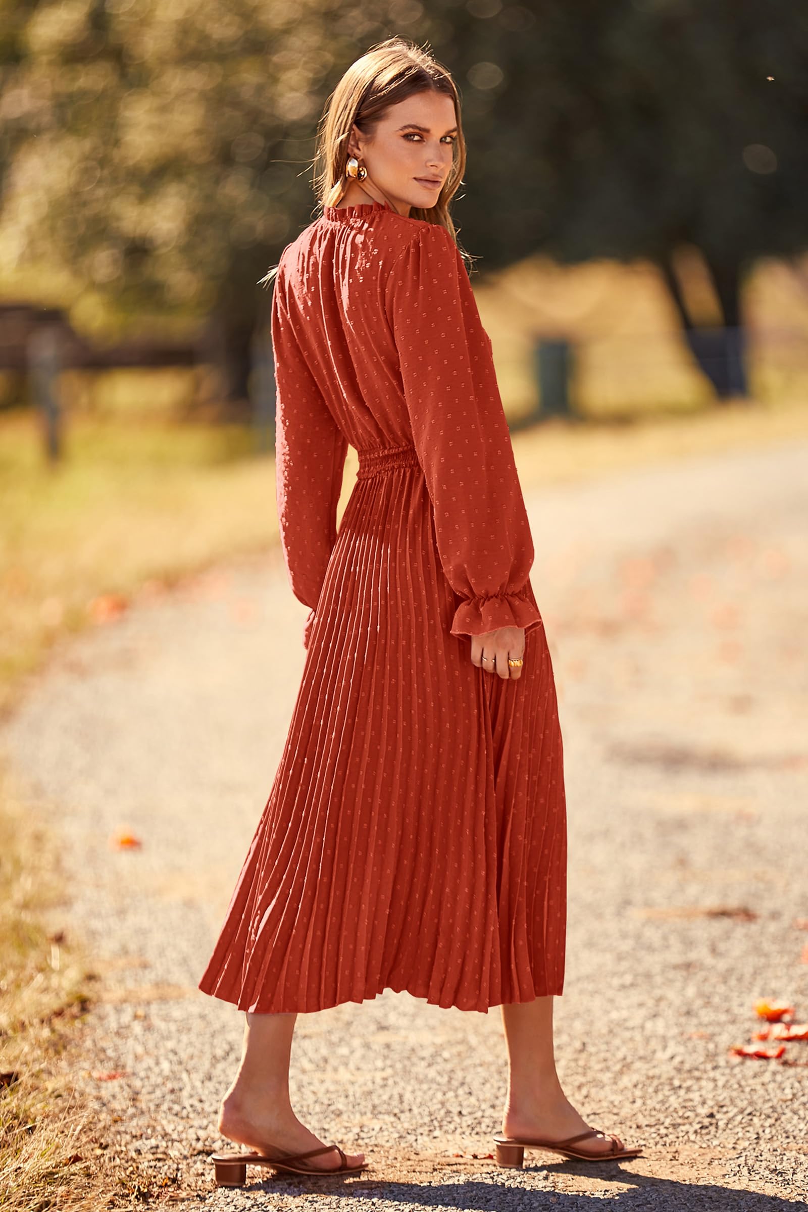 Women's Fall Midi Wedding Guest Dress(Brick Red,Small)
