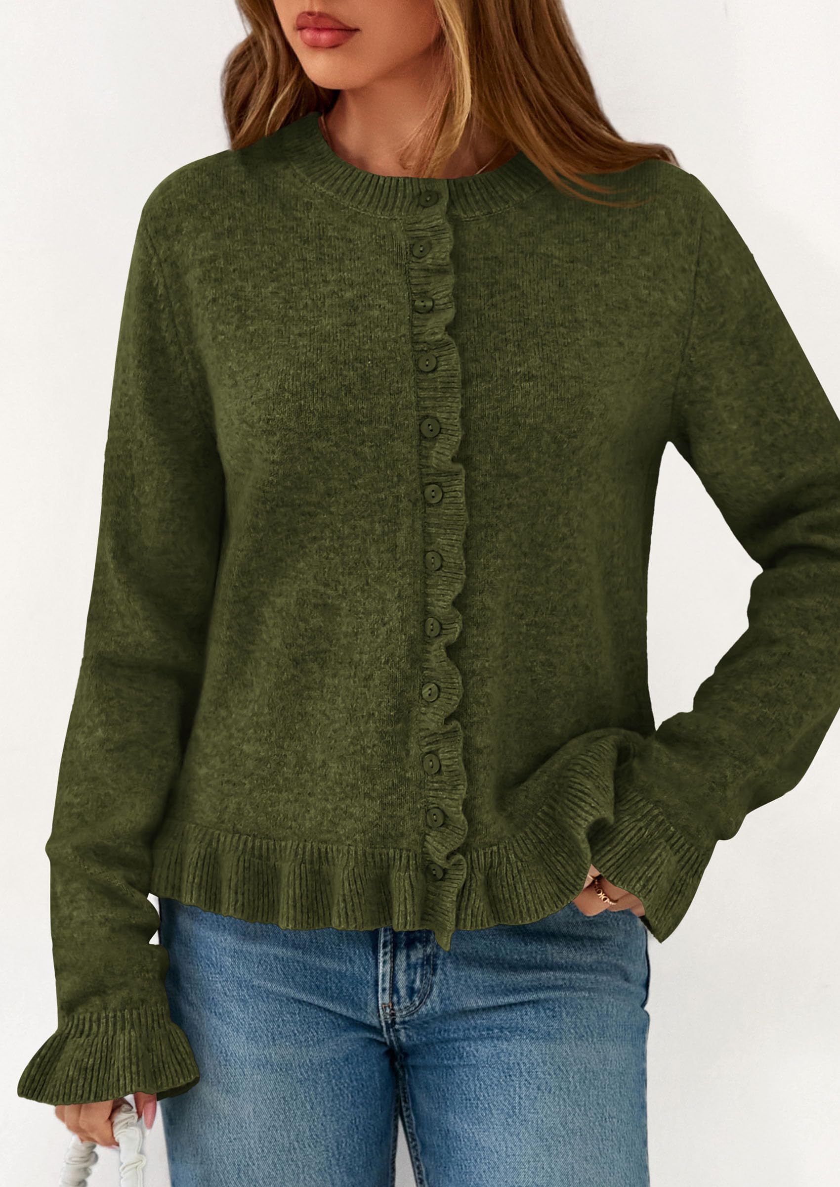 Womens Ruffle Button Down Cardigan Sweaters,Army Green,S