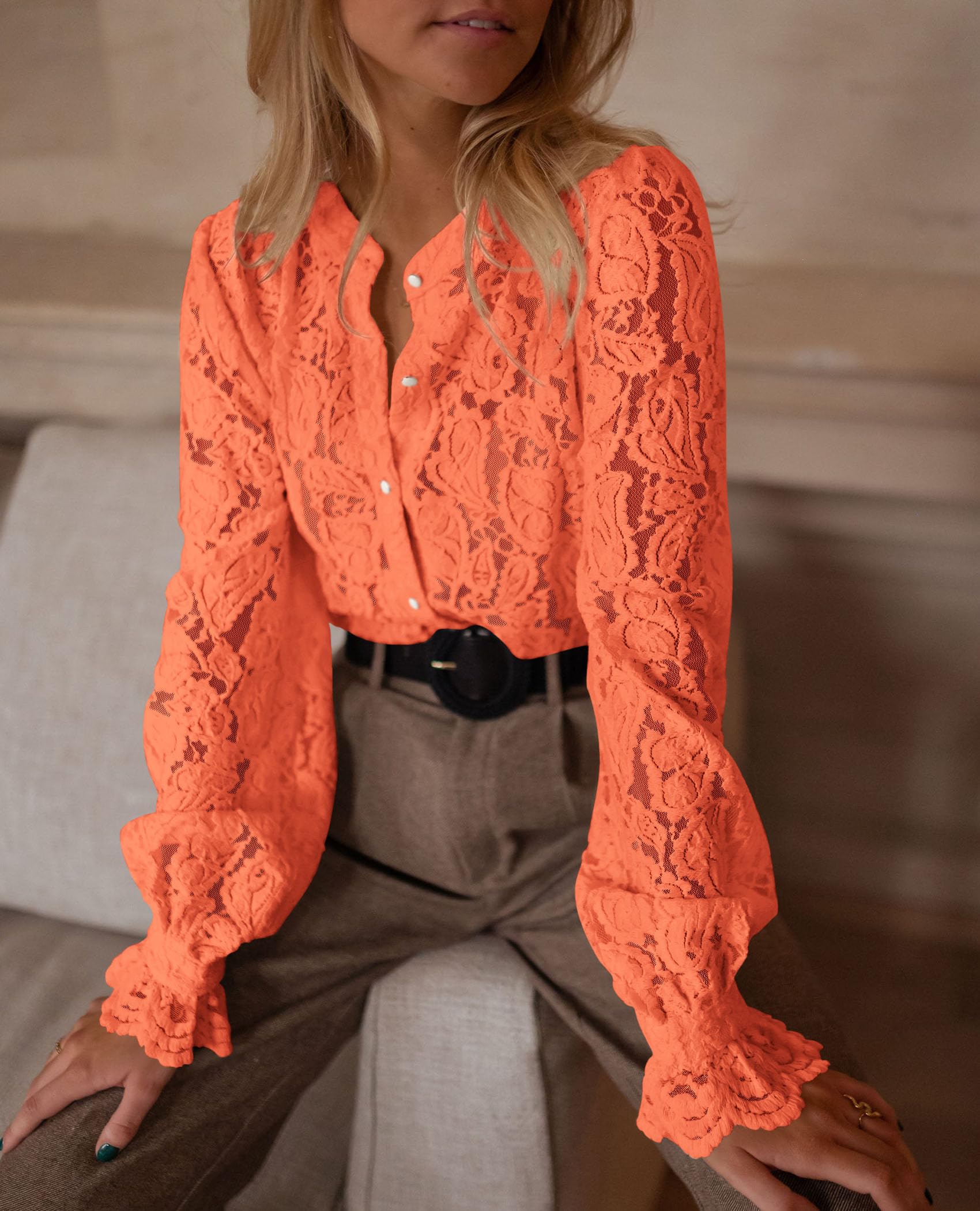 Women's Fall Trendy Long Sleeve Lace Tops(Orange,Small)