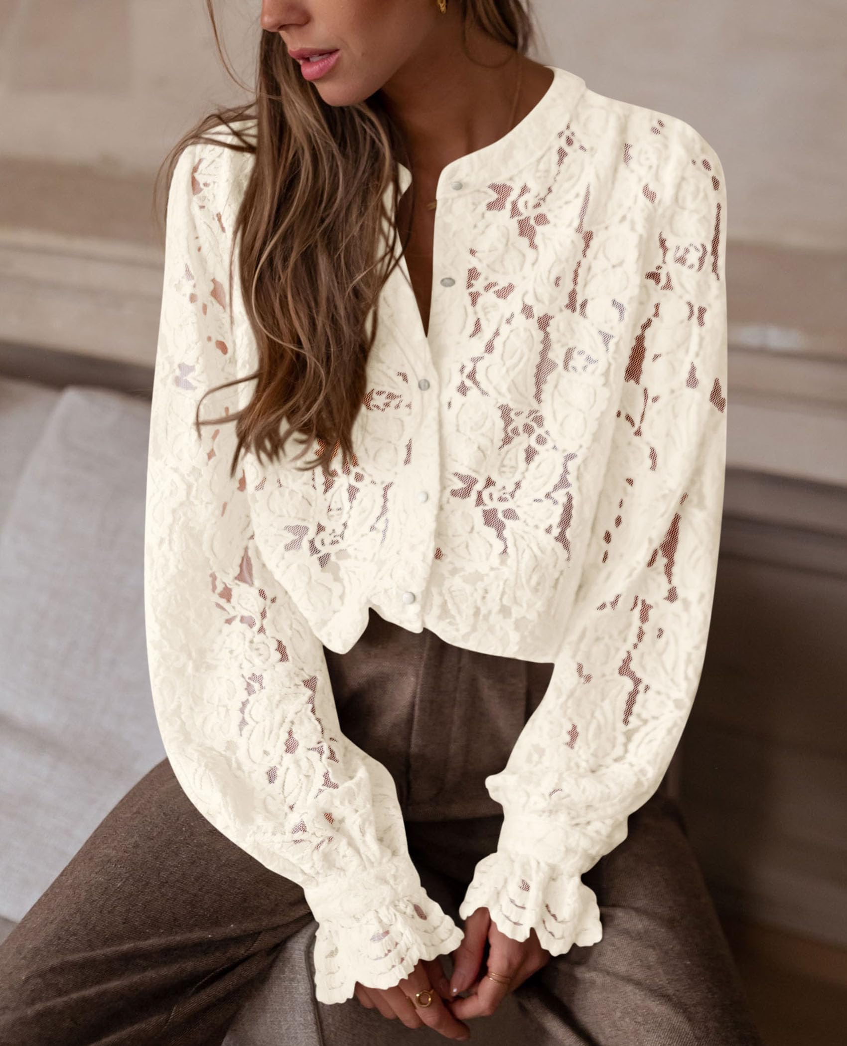 Women's Fall Trendy Long Sleeve Lace Tops(Beige,Medium)