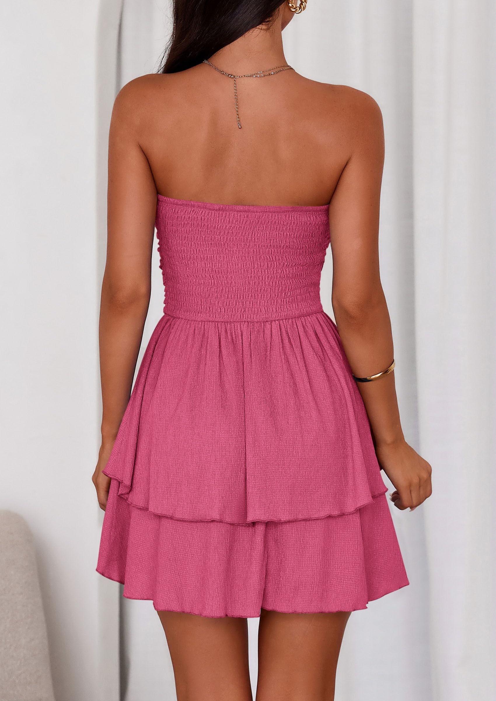 Women's Summer Strapless Flowy Mini Dresses (Rose Red,S)
