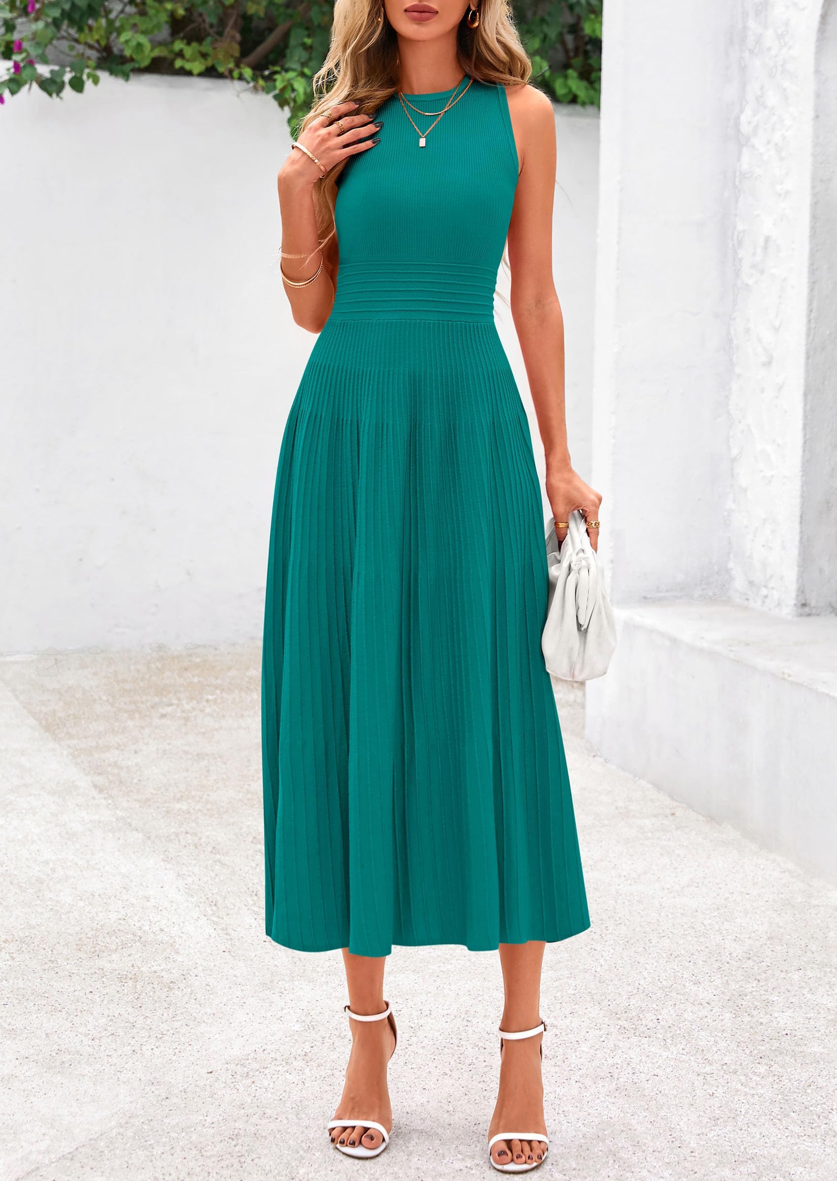 Women's Summer Pleated Midi Work Dress,Blue Green,S