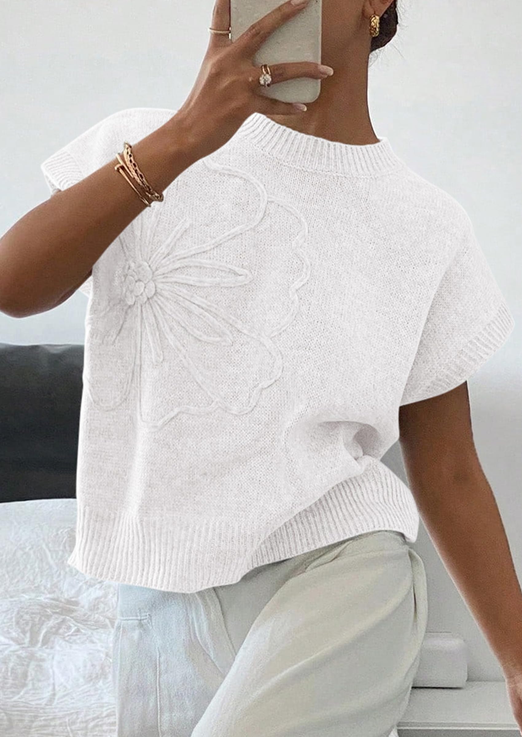 Women's Summer Short Cap Sleeve Sweater Vest (White,S)
