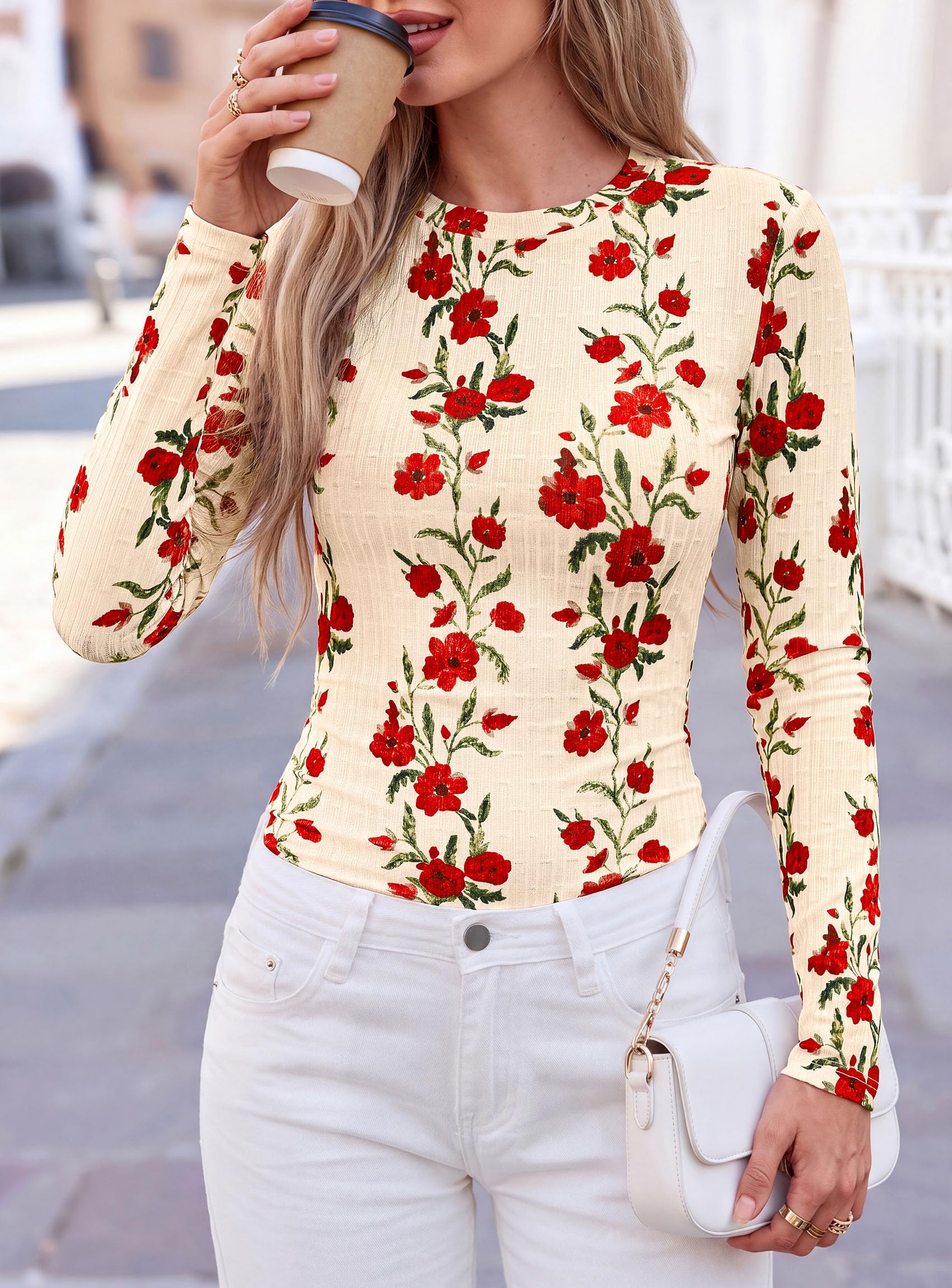 Womens Long Sleeve Shirts Floral Y2K Tops,Beige,M