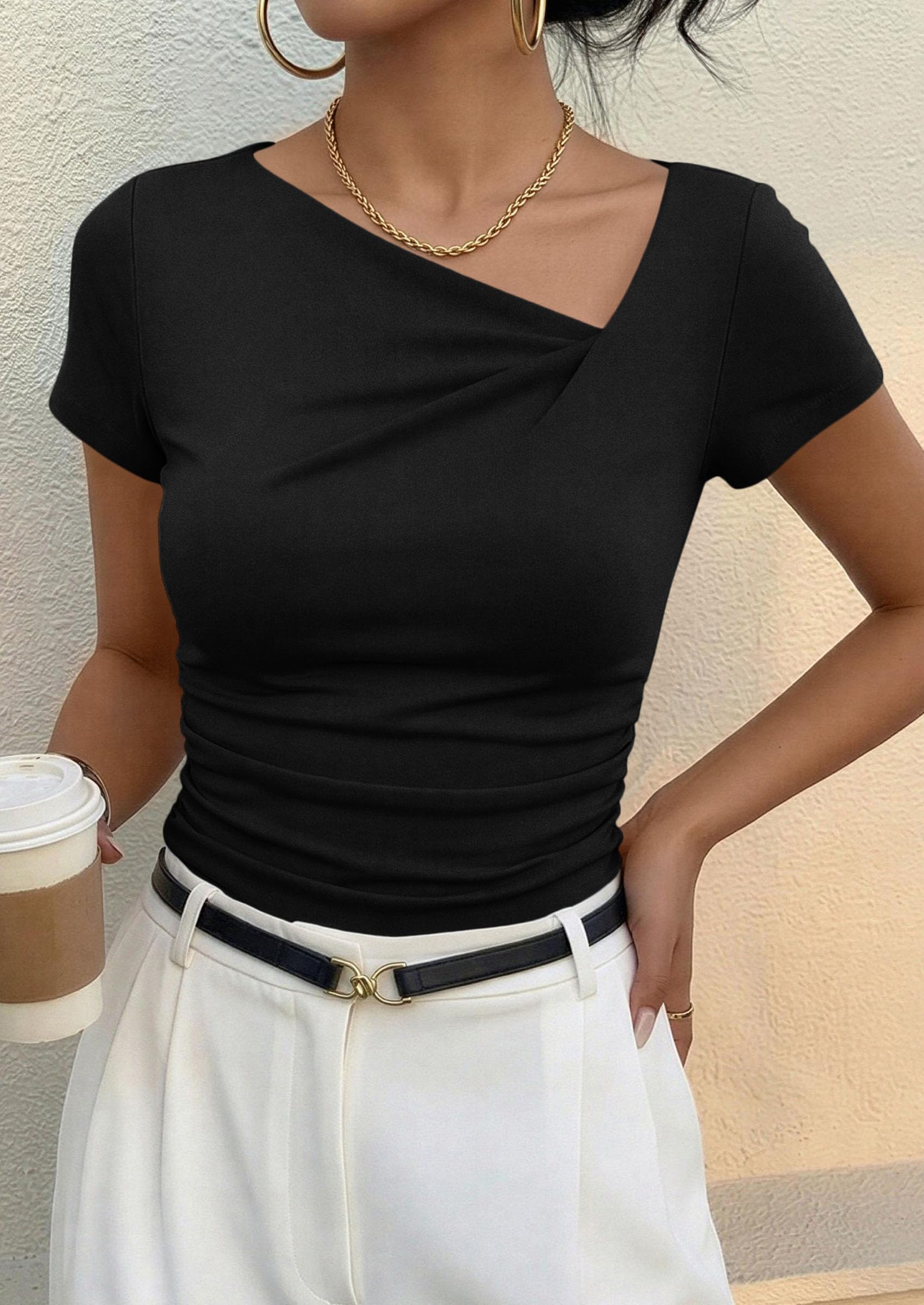 Women's Summer Trendy Asymmetrical Y2K Tops (Black,S)