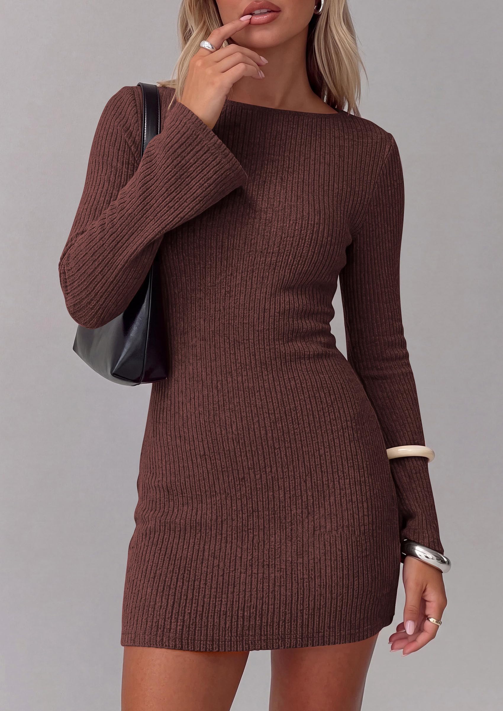 Womens Boat Neck Bell Long Sleeve Mini Sweater Dress Brown