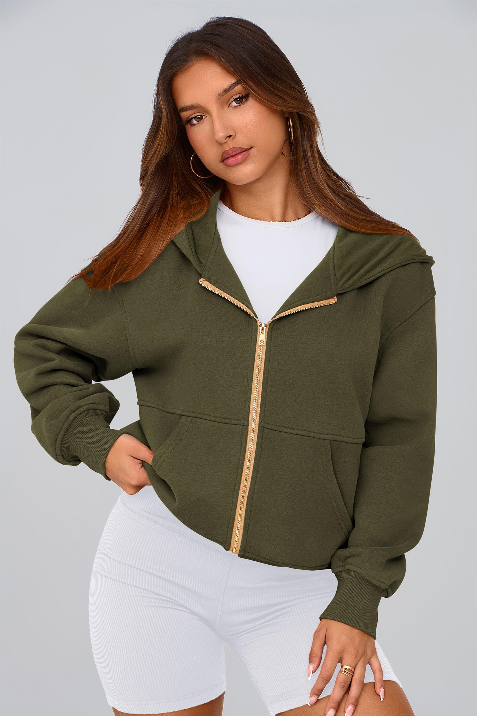 Hoodies for Women Fall Fashion Zip Up Fleece Plain Sweatshirt