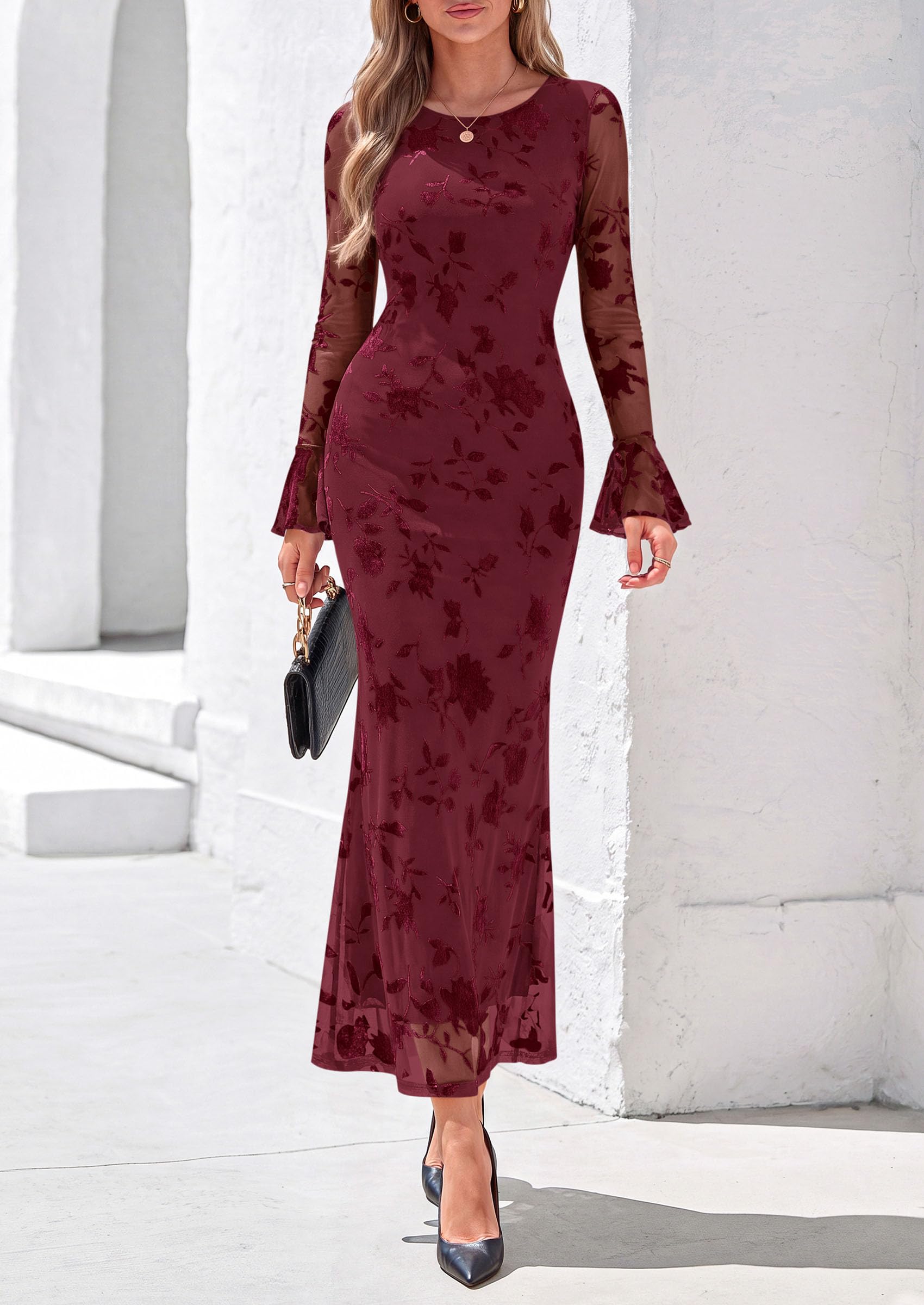 Women's Long Sleeve Maxi Floral Mesh Fall Wedding Guest Dress