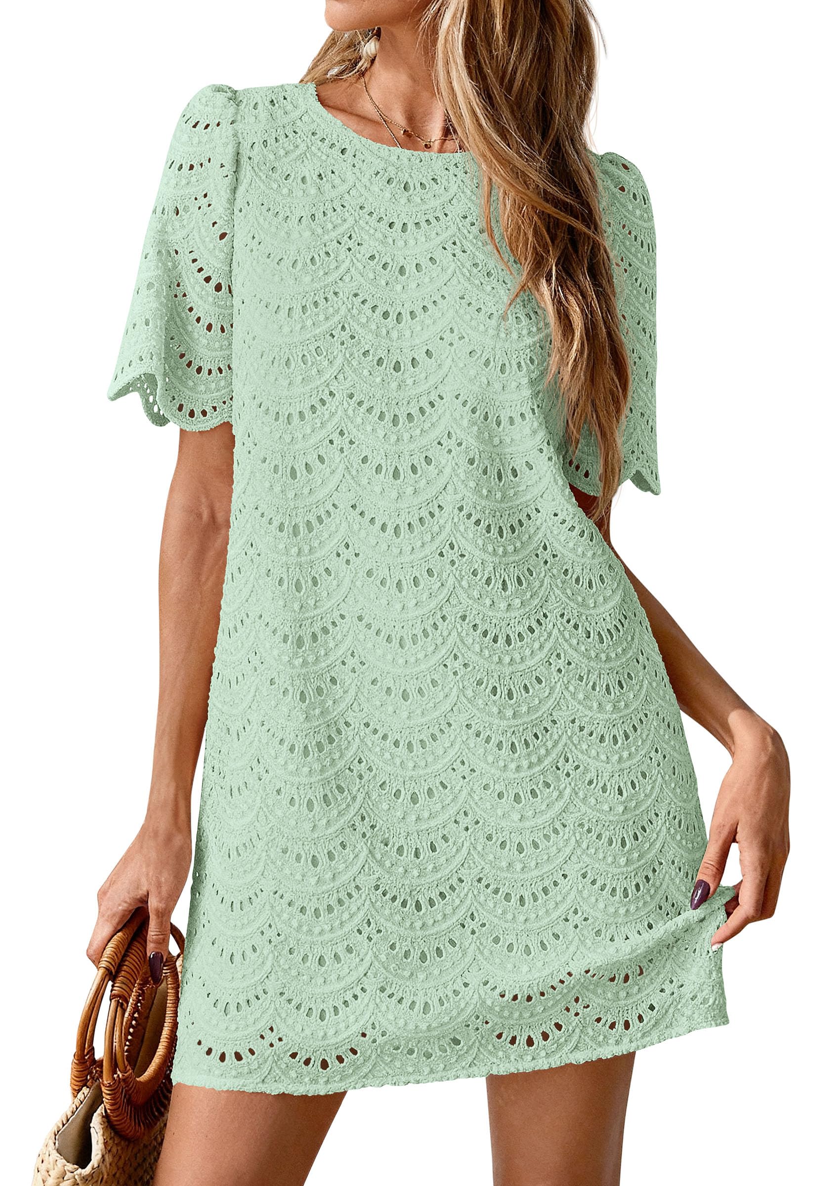 Women's Summer Eyelet Lace Short Dress (Light Green,S)