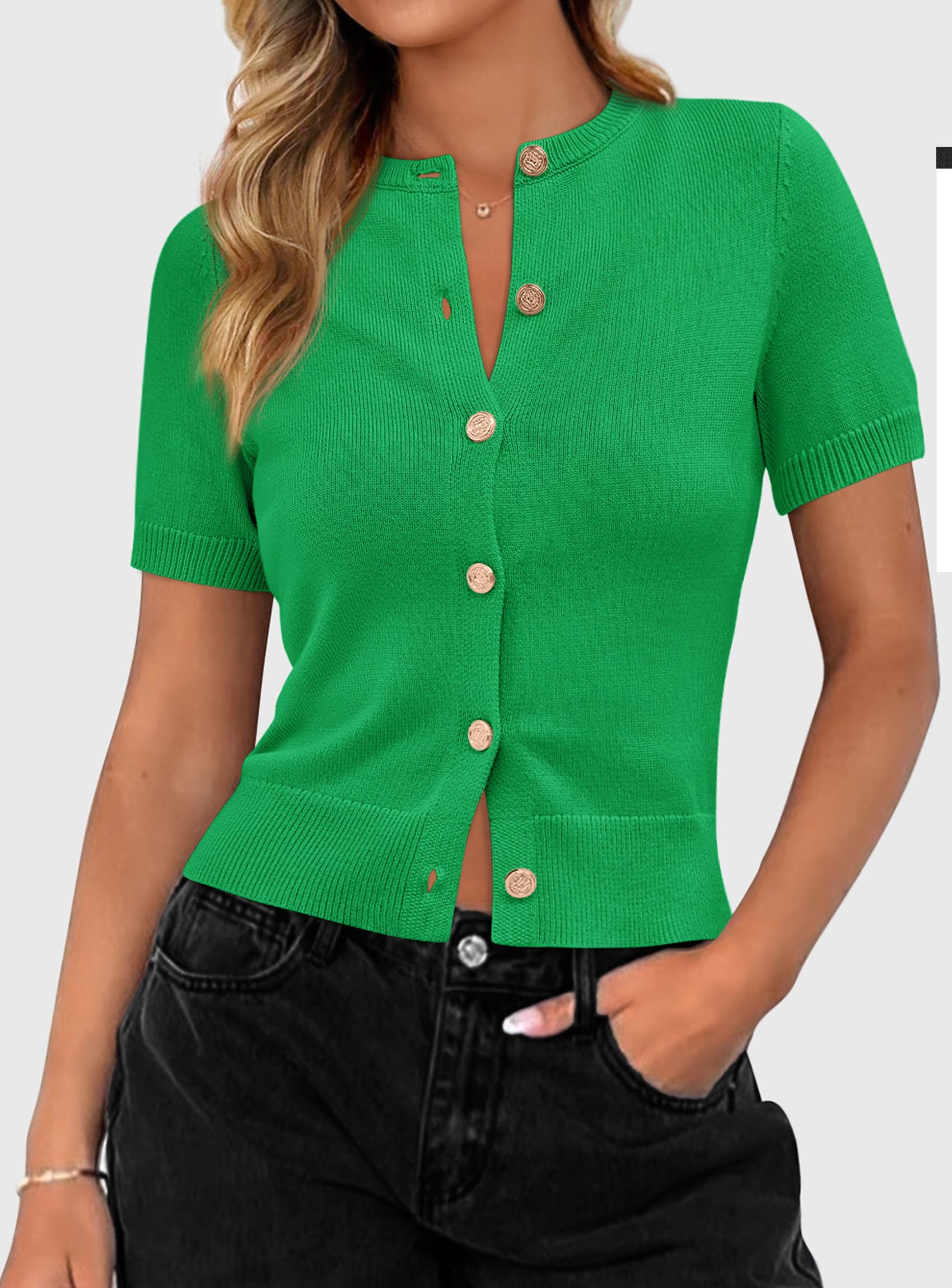 Womens Summer Cardigan Short Sleeve Sweater,Green,S