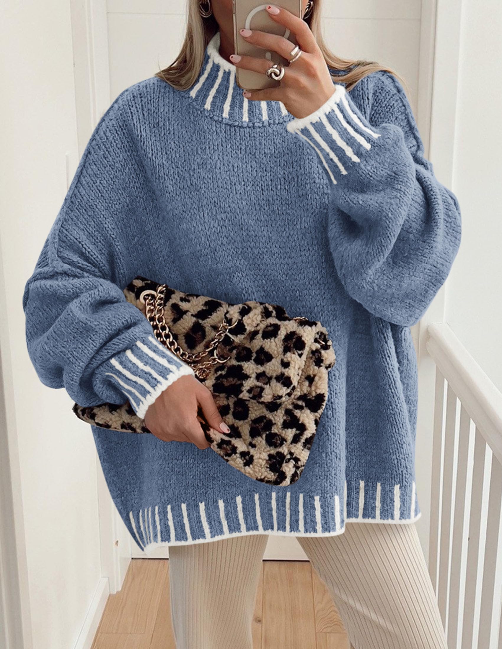 Women's Mock Neck Oversized Pullover Sweaters,Blue,XS