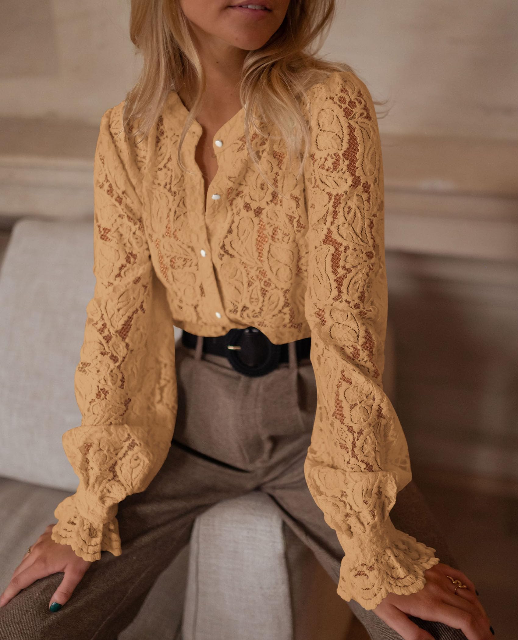 Women's Fall Trendy Long Sleeve Lace Tops(Khaki,Small)