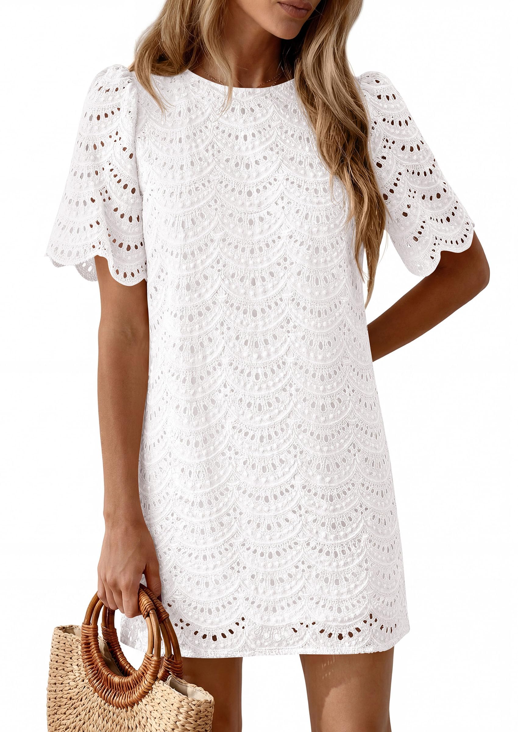 Women's Summer Eyelet Lace Short Dress (White,S)