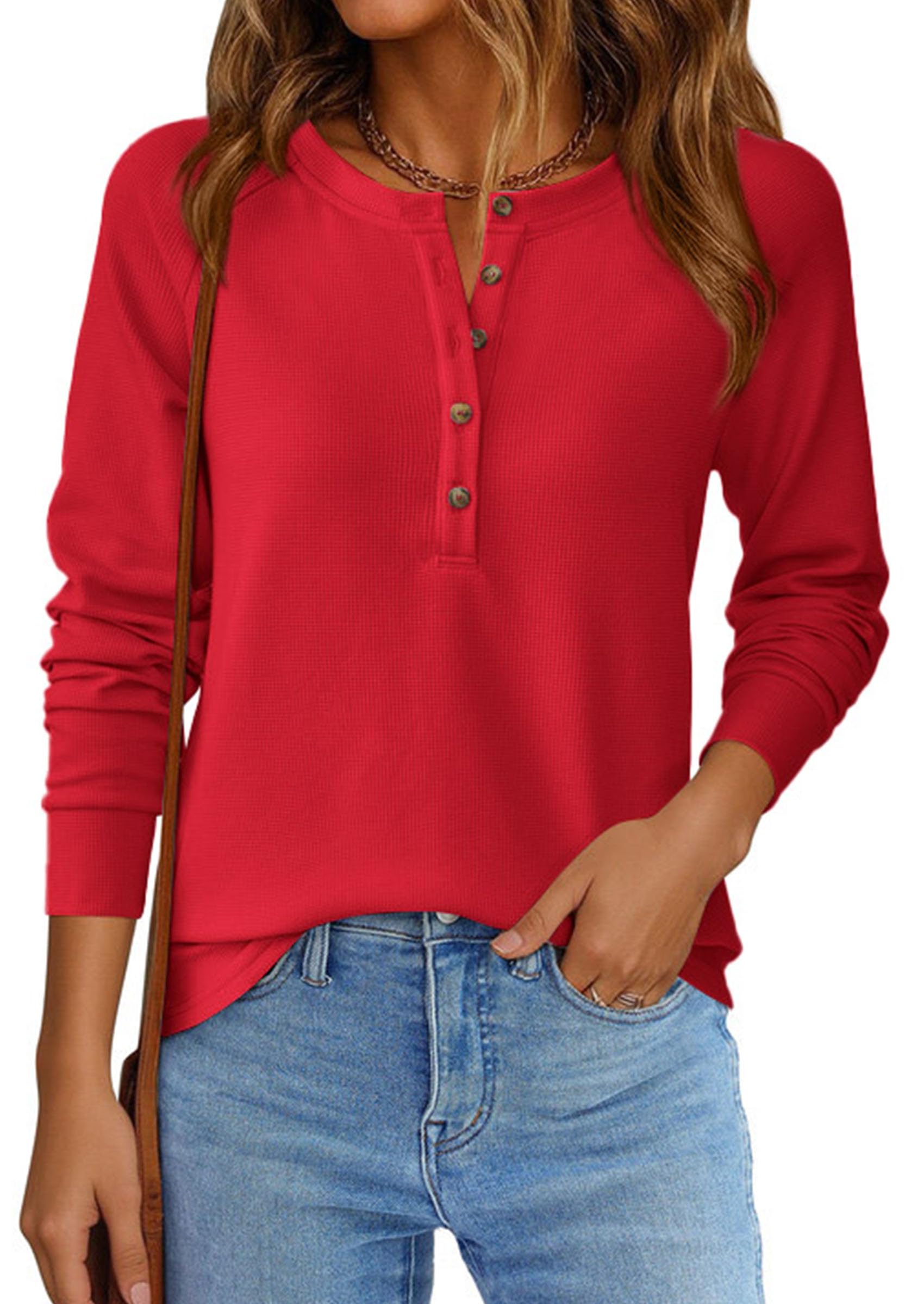 Women's Long Sleeve Waffle Knit Henley Shirts Loose Tunic Tops