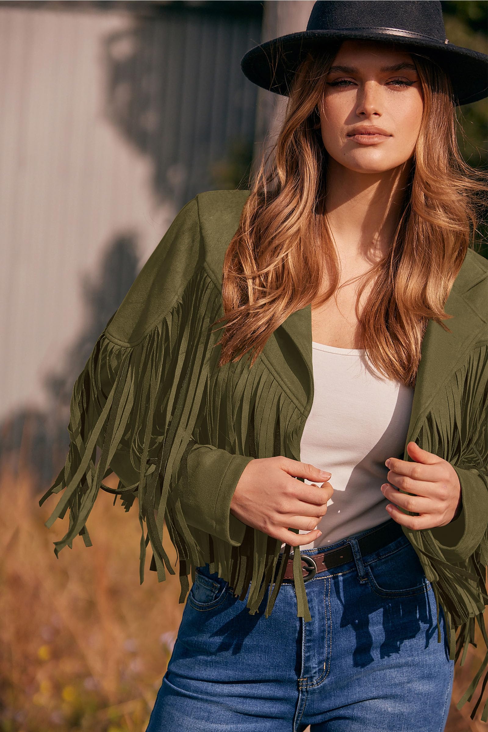 Women's Fringe Faux Suede Leather Jackets,Dark Army Green,S