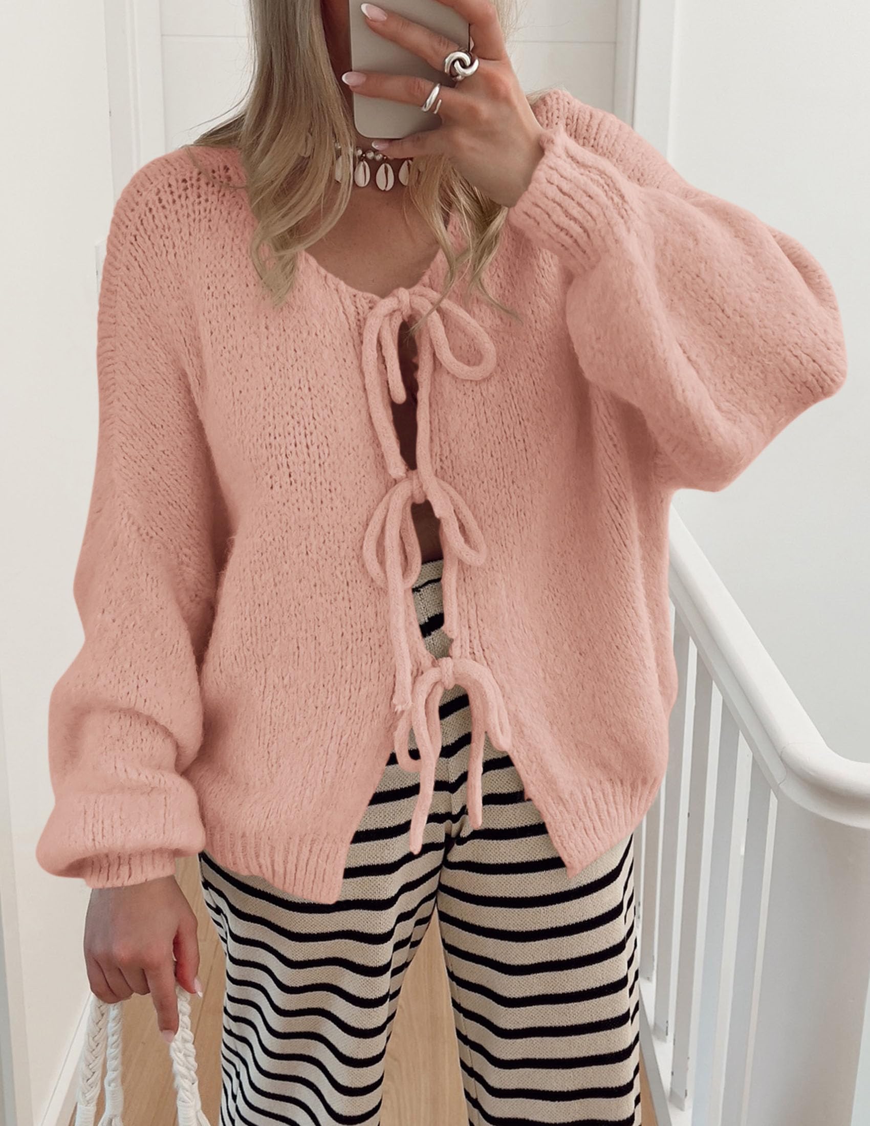 Women's Tie Front Bow Cardigan Sweaters(Pink,Small)