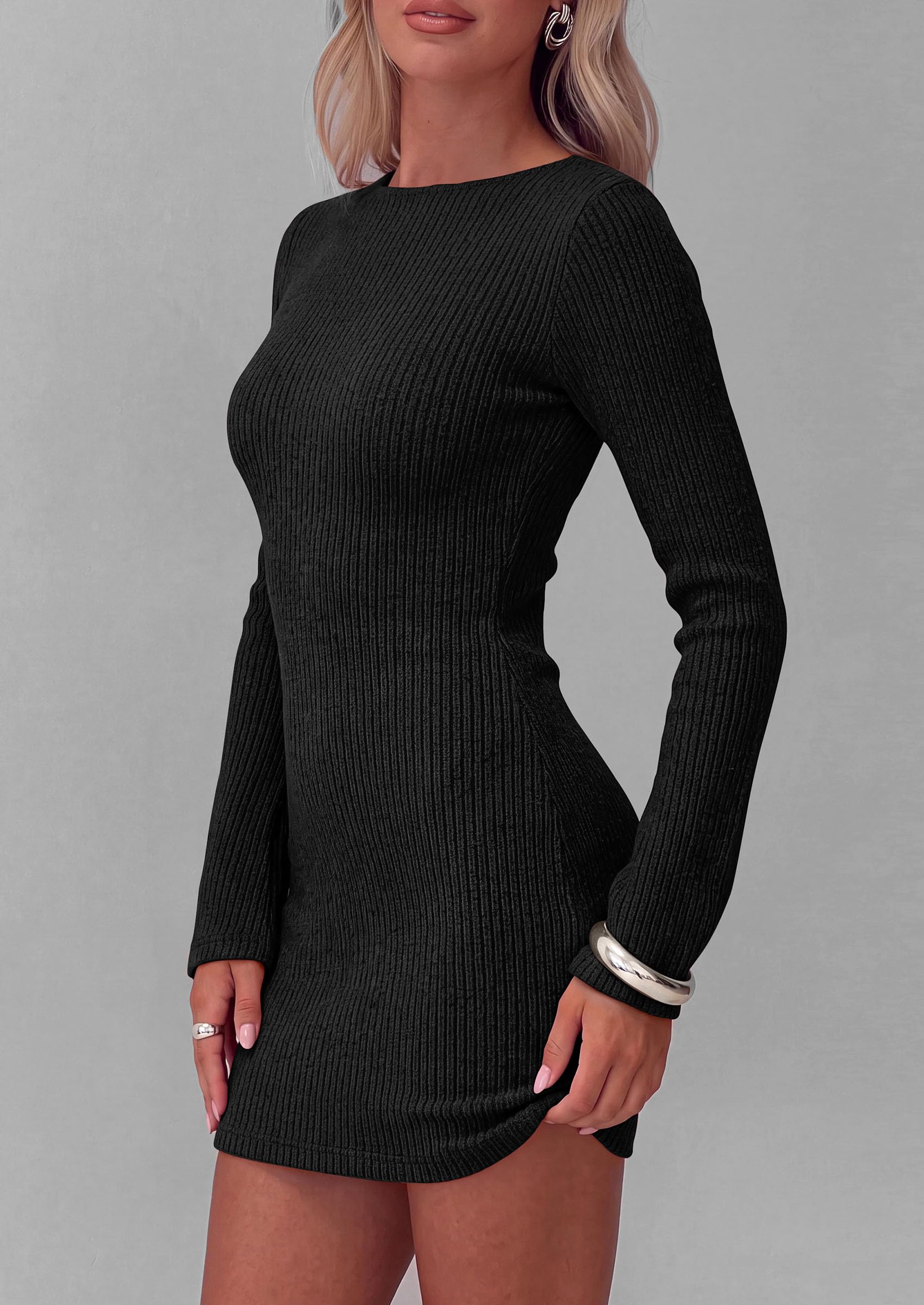 Womens Boat Neck Bell Long Sleeve Mini Sweater Dress Black
