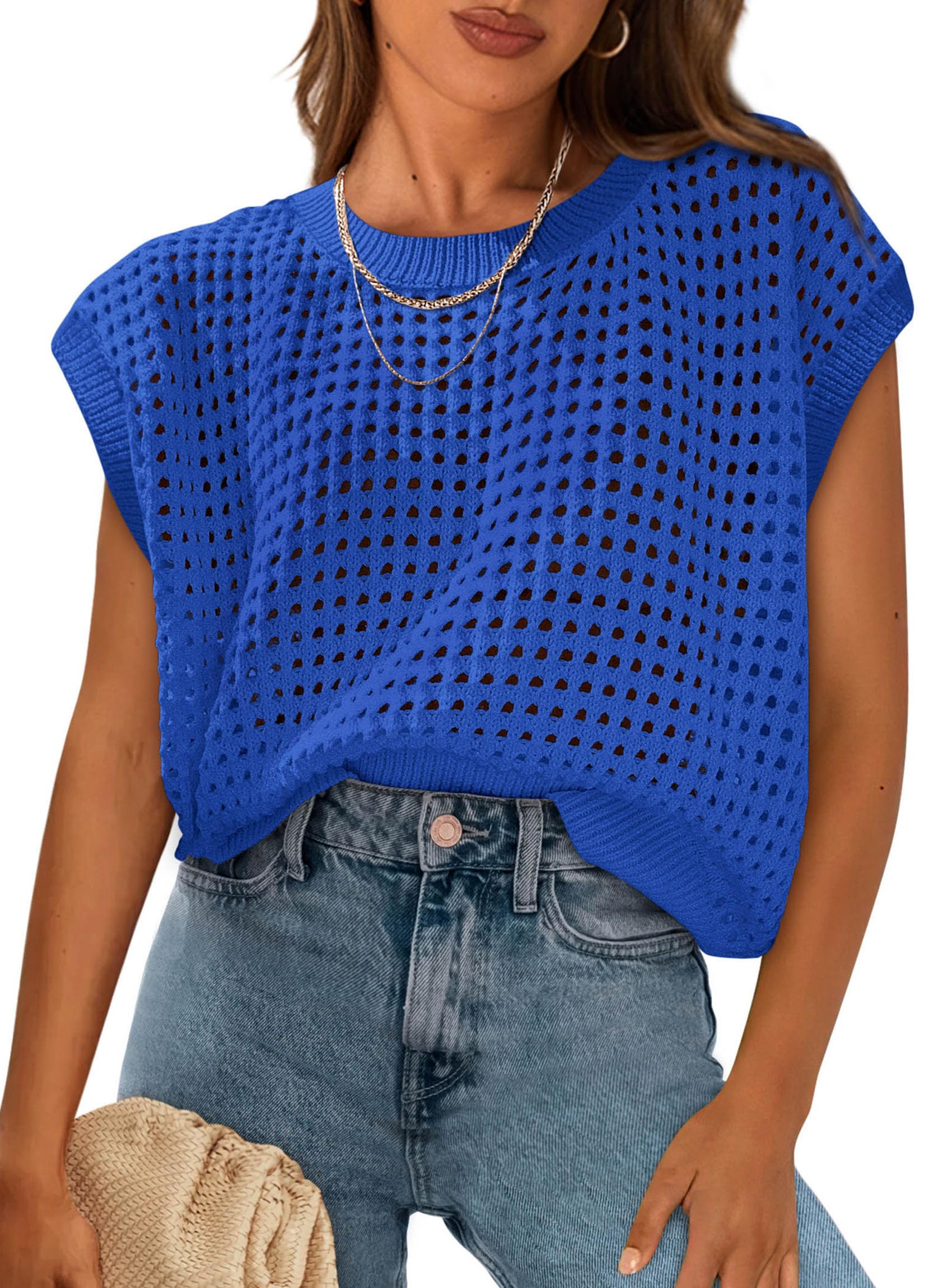 Women's Summer Crochet Cap Sleeve Sweater Tops,Blue,S