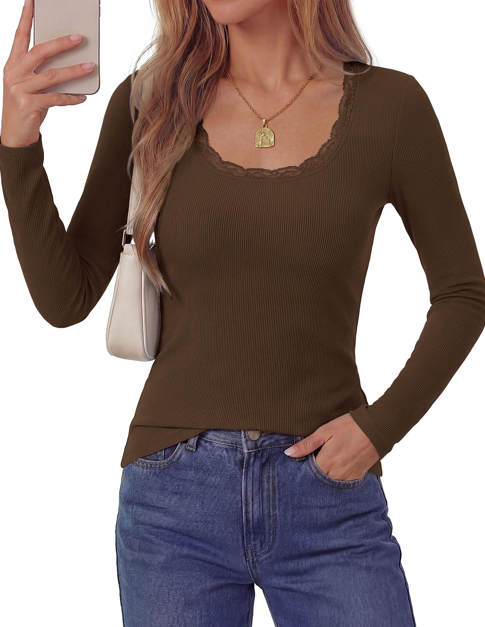 Long Sleeve T Shirts for Women Fall Casual Square Neck Tops