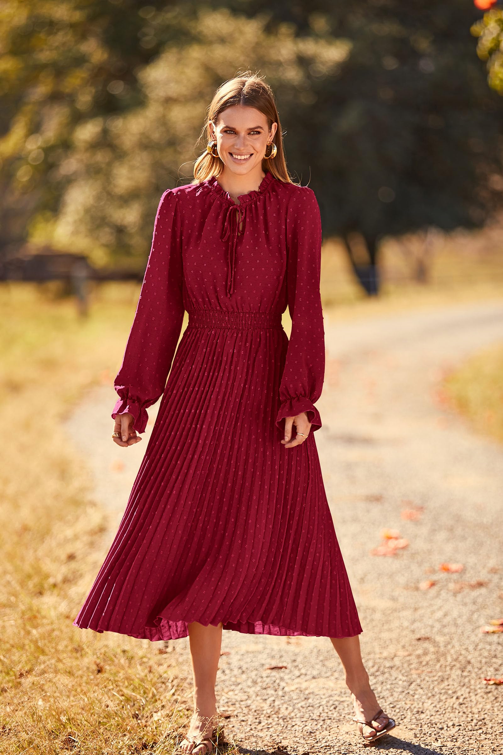 Womens Pleated Midi Dress Casual Long Sleeve V Neck Swiss Dot Beach Flowy Dresses (Wine Red,Small)