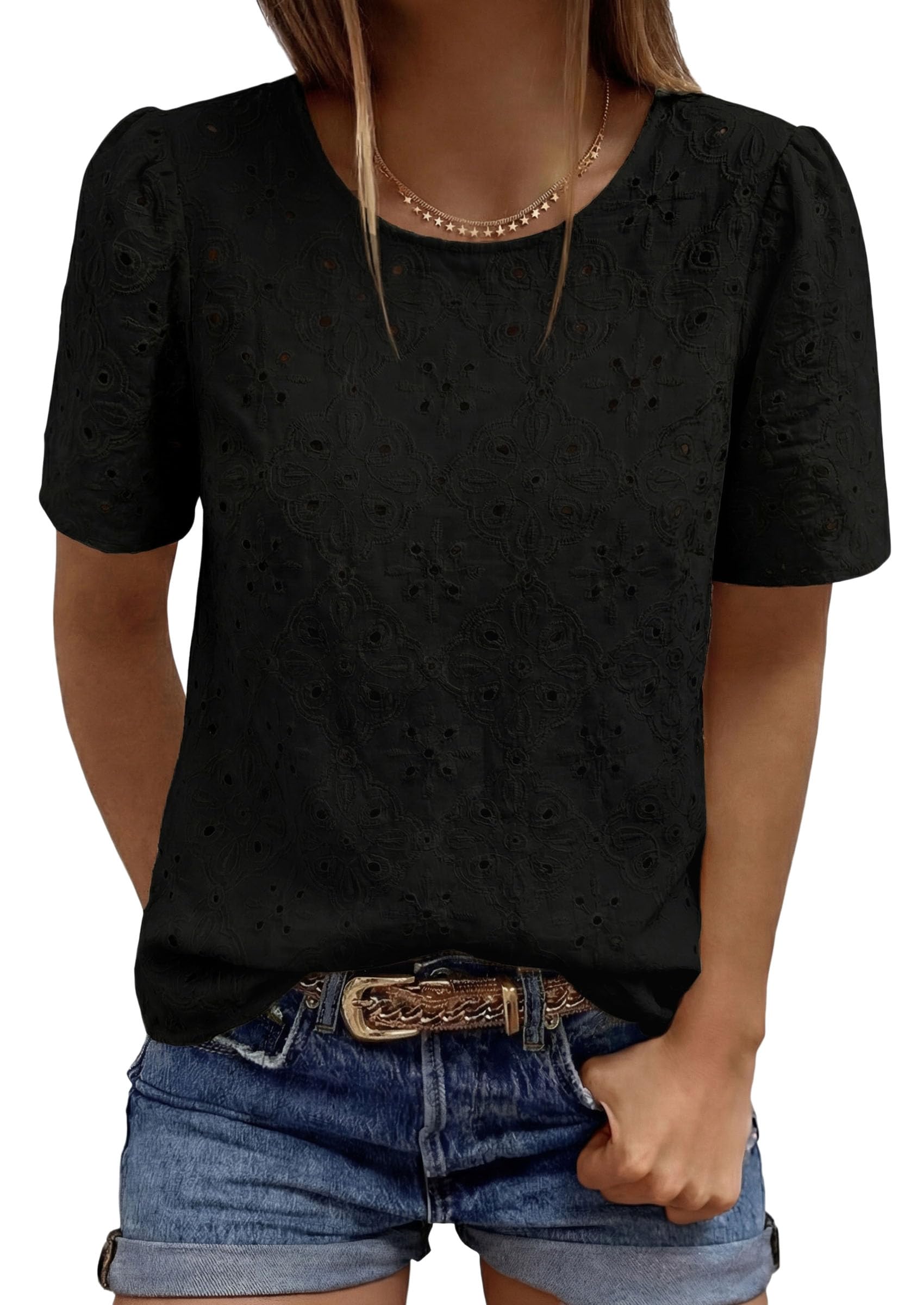 Women's Embroidered Eyelet Short Sleeve Blouse, Black,XS