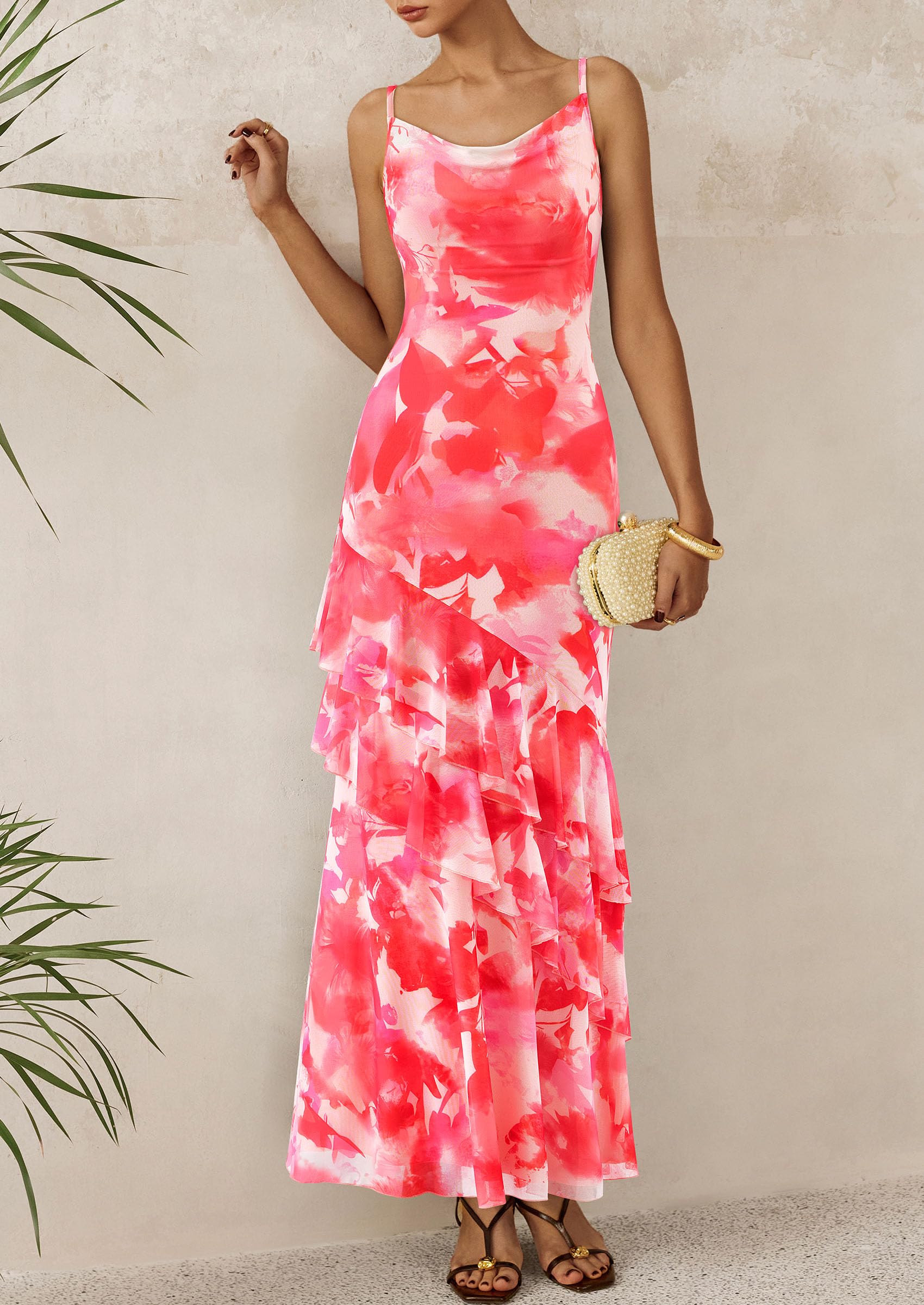 Women's Boho Floral Tiered Maxi Dress, Floral Pink Red,XS