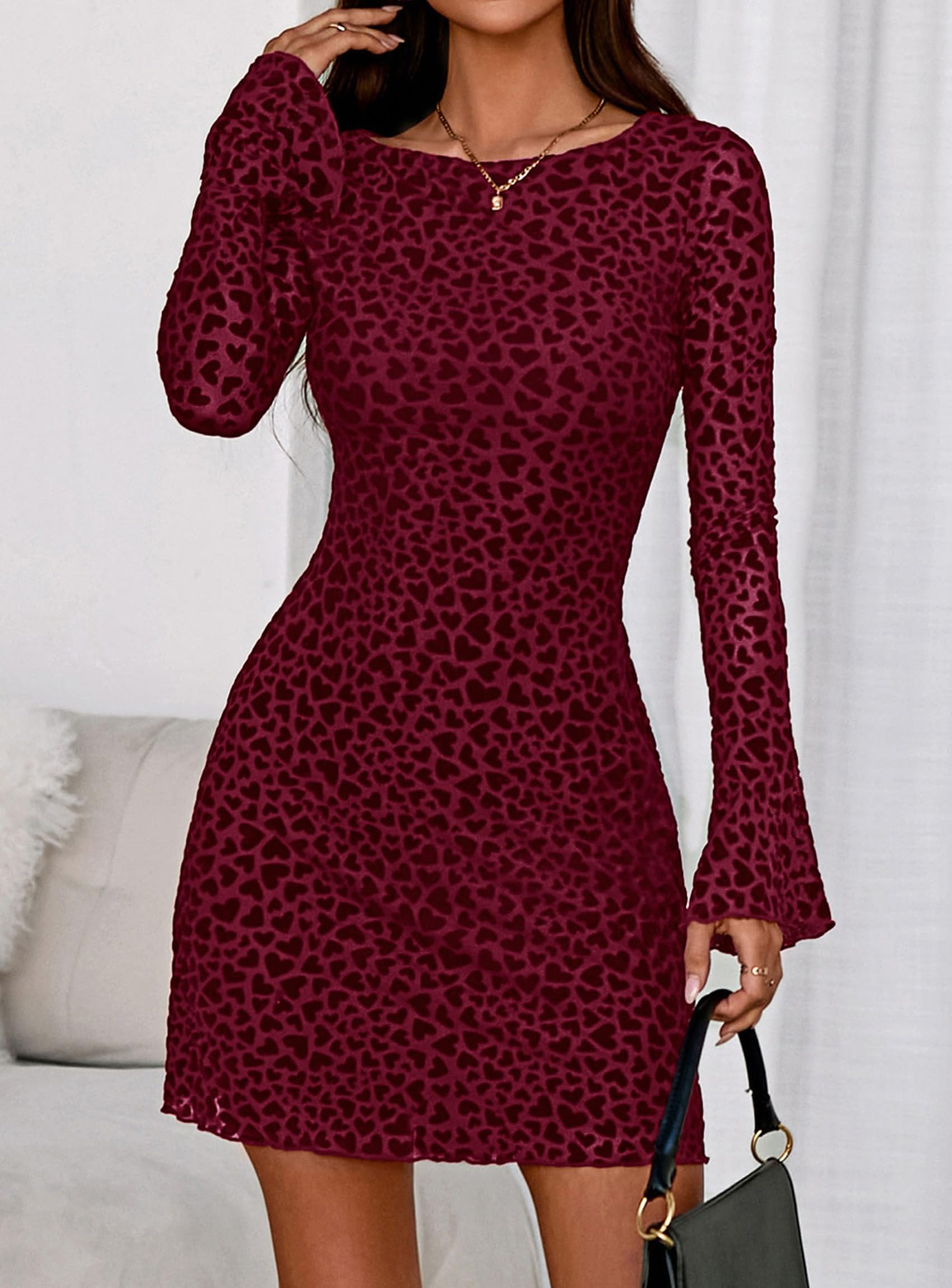 Women's Fall Floral Long Sleeve Mini Dress (Wine Red,XS)