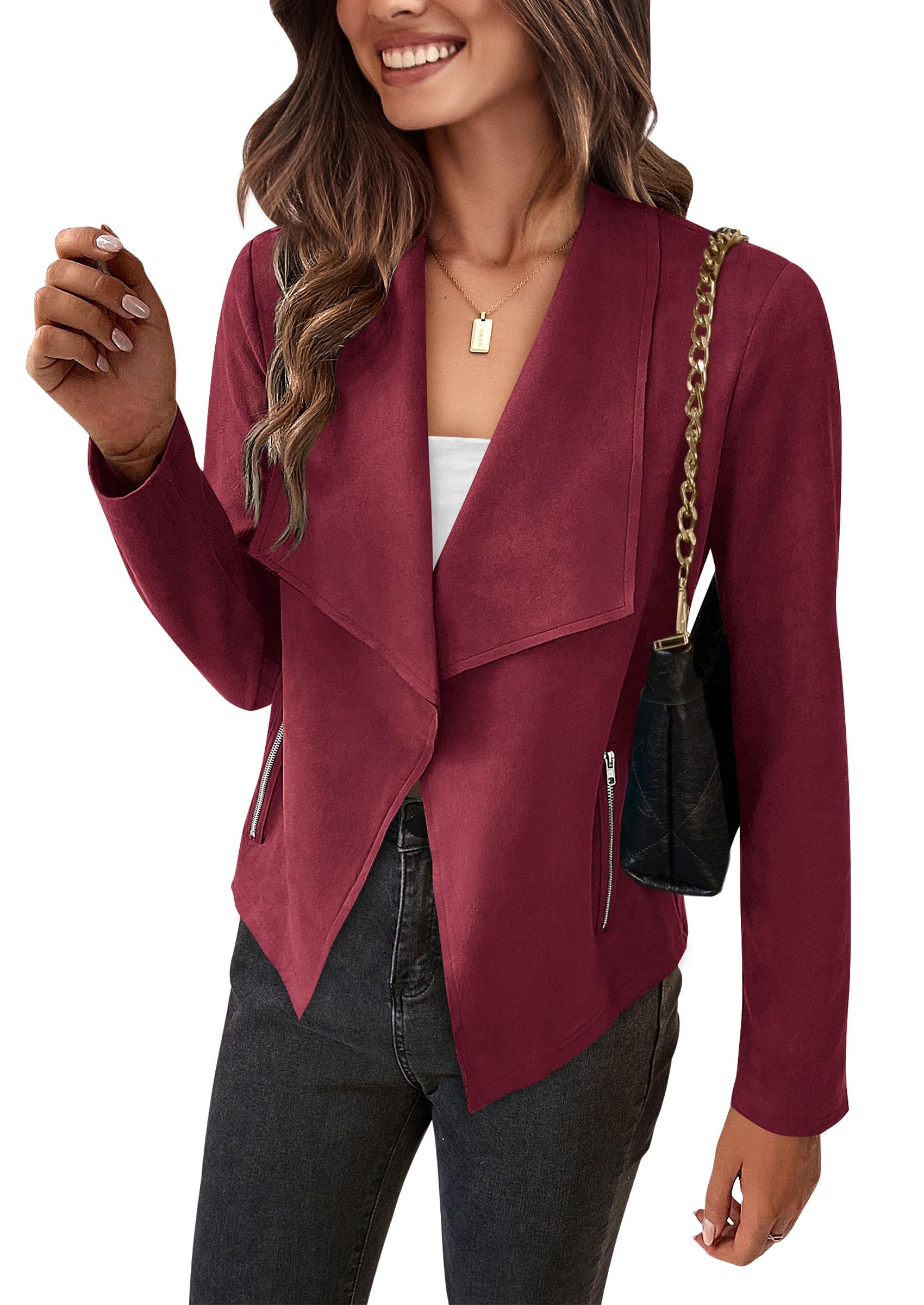 Women's Fall Fashion Faux Suede Jackets(Wine Red,Small)
